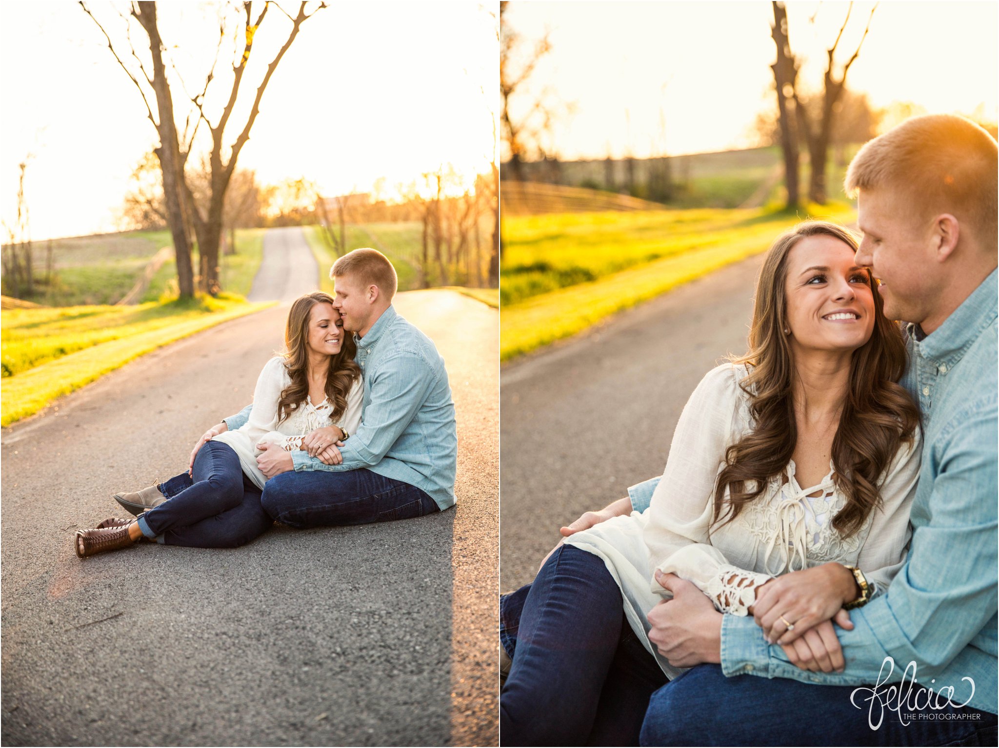 Romantic Engagement | Kansas City, MO | Seated Country Road Pose | Images by www.feliciathephotographer.com