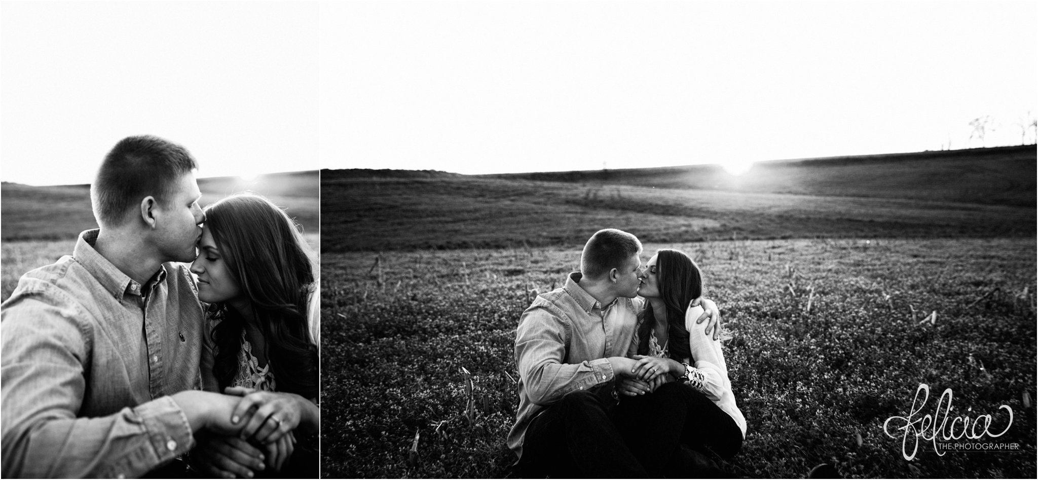 Romantic Engagement Photography | Kansas City, MO | Black and White Kissing in Field at Sunset | Images by www.feliciathephotographer.com