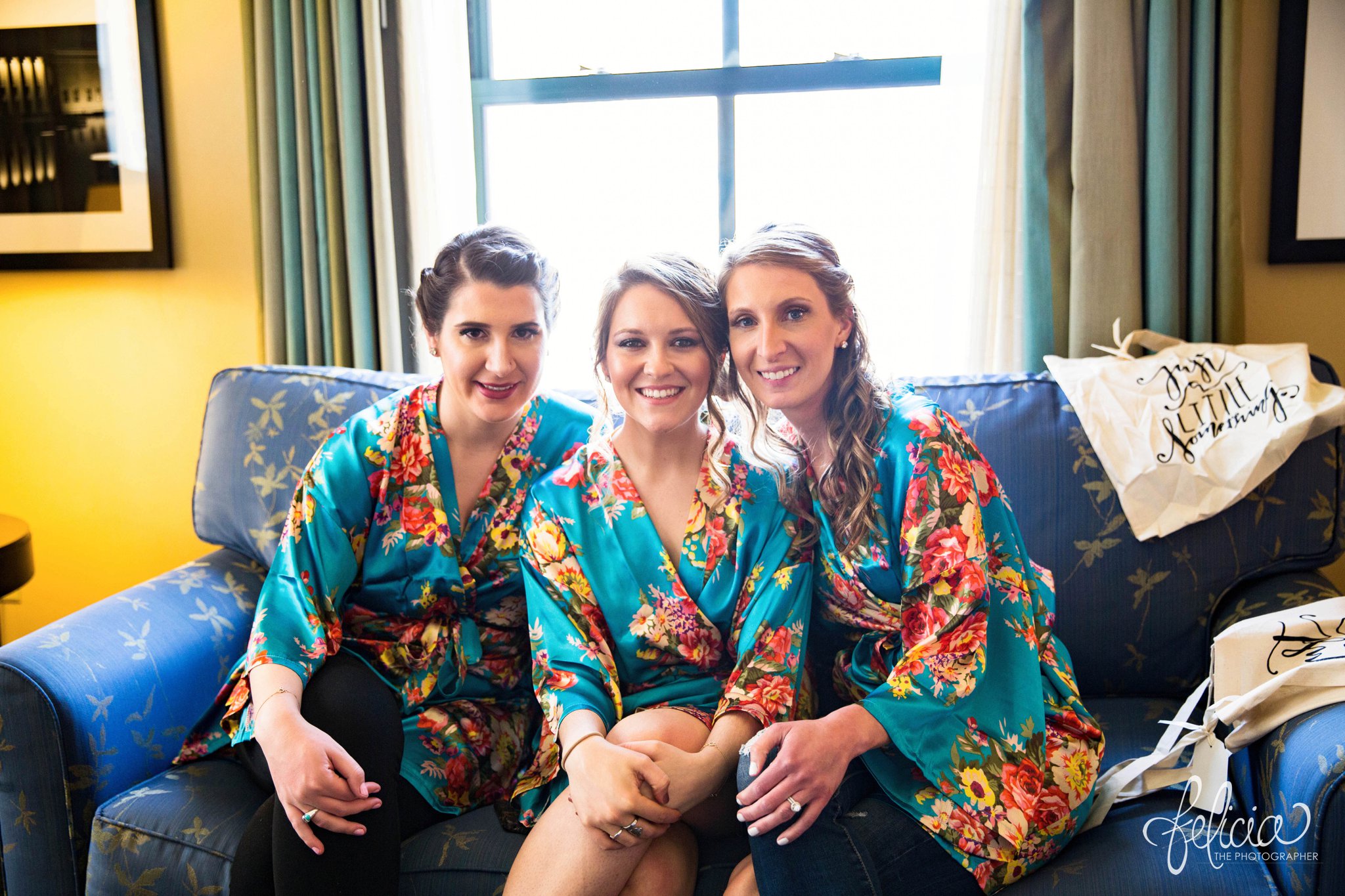 Grace and Holy Trinity Cathedral Wedding Photos | Kansas City | Blue Floral Silk Bridesmaids Robes | Images by www.feliciathephotographer.com