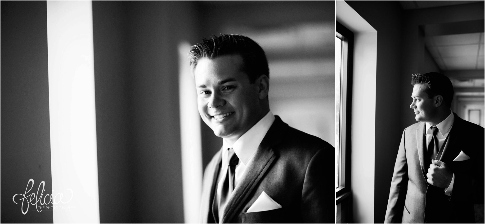 Hilton KCI Wedding | Girls Getting Ready | Felicia The Photographer | Black and White Getting Ready | Groom by Window