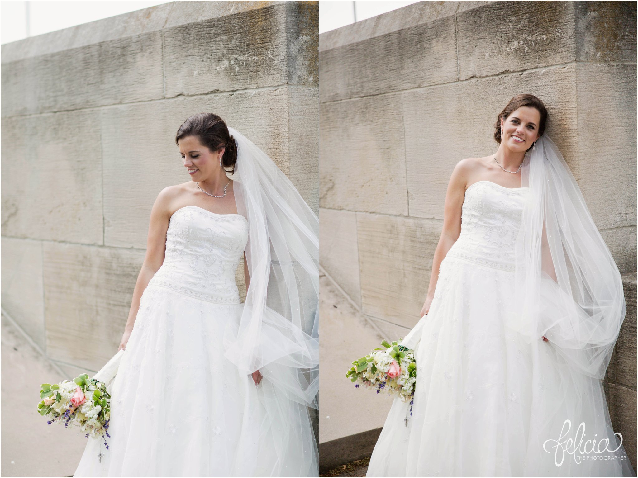 Hilton KCI Wedding | Felicia The Photographer | National World War I Memorial | Bride Leaning Against Wall