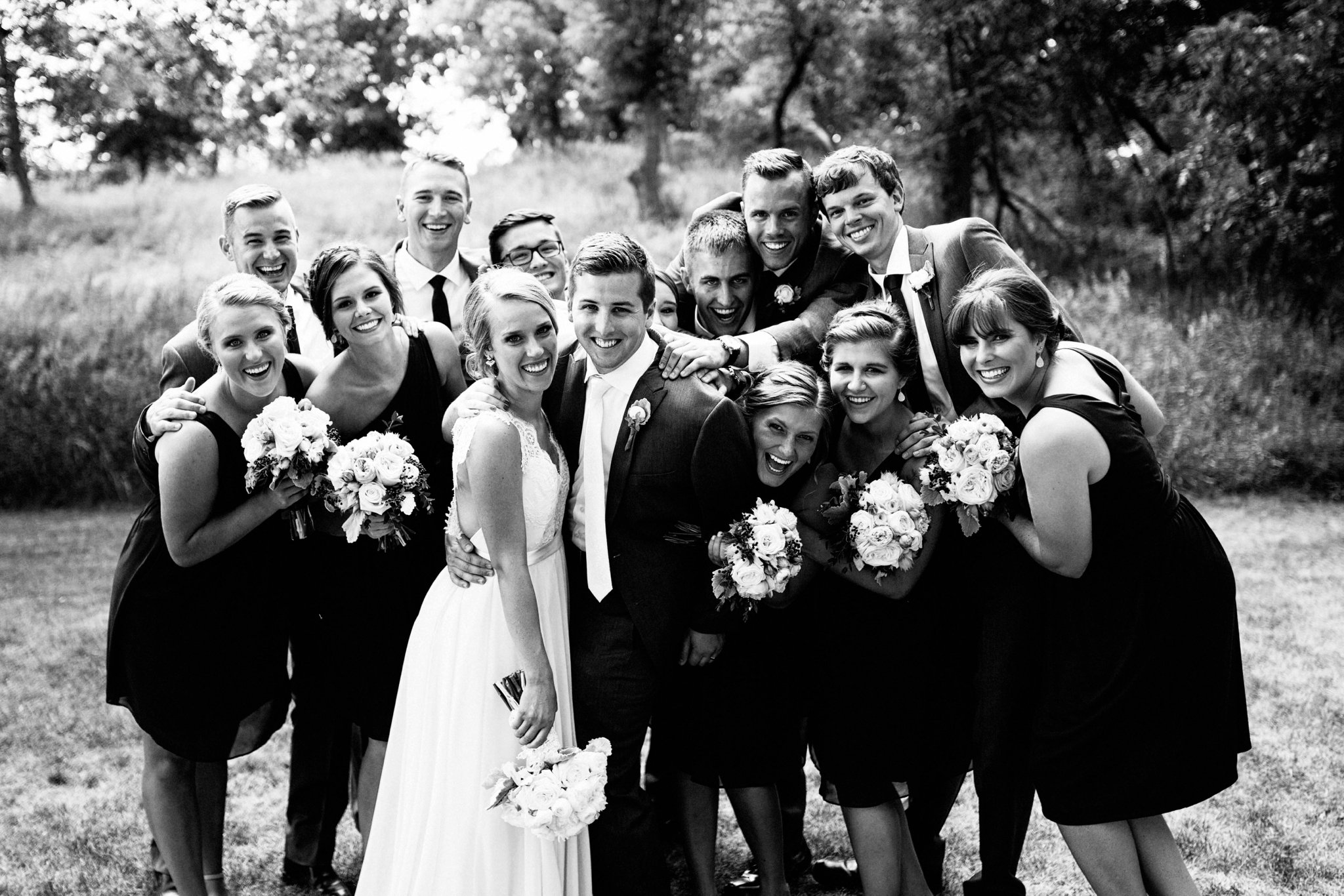 Sioux Falls Wedding Photos | Destination Photographer | Felicia The Photographer | Mary Jo Wegner Arboretum | Bridal Party | Black and White | fun | Casual