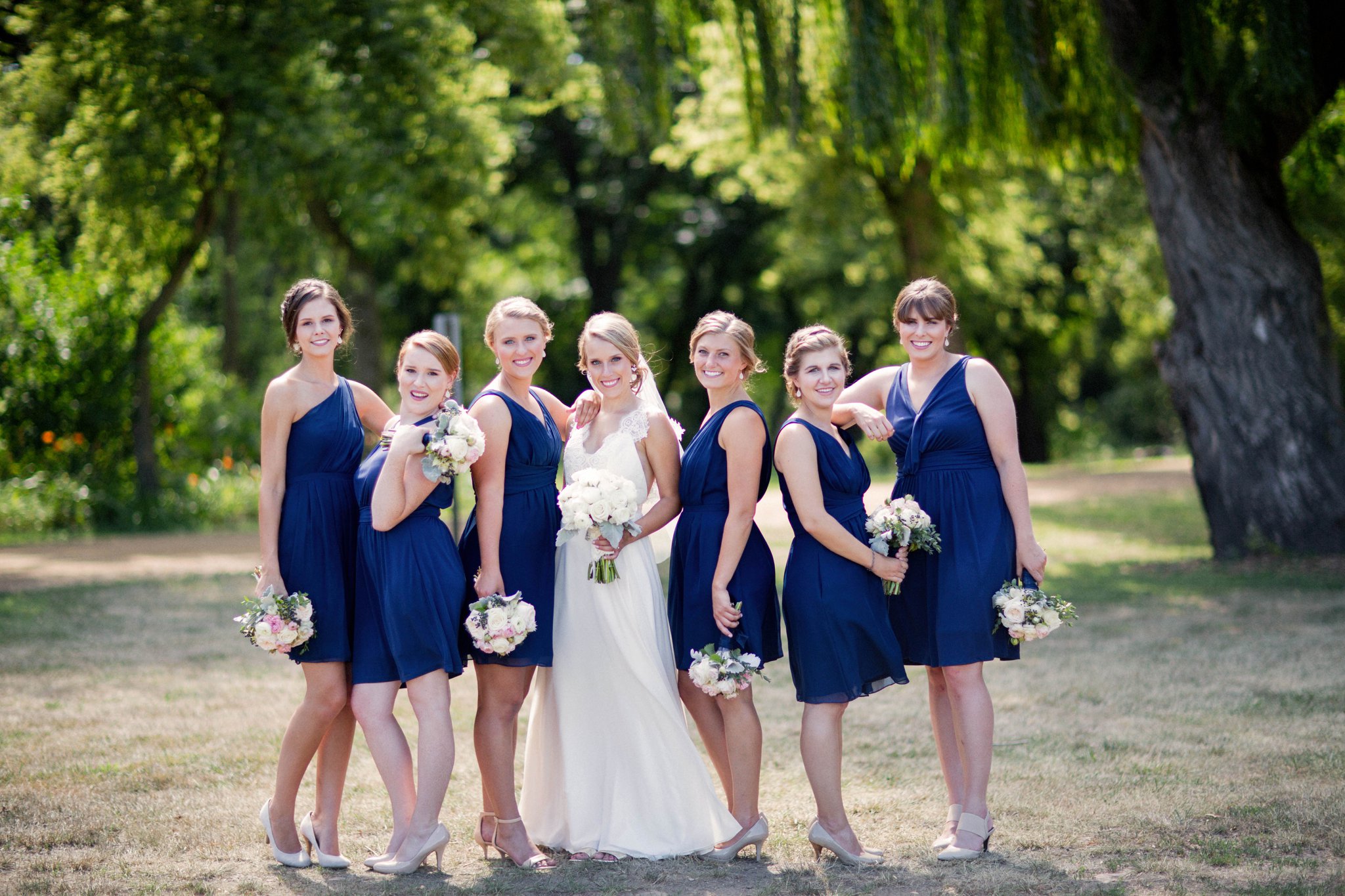 Sioux Falls Wedding Photos | Destination Photographer | Felicia The Photographer | Mary Jo Wegner Arboretum | Bridesmaids | Navy short one shoulder dresses