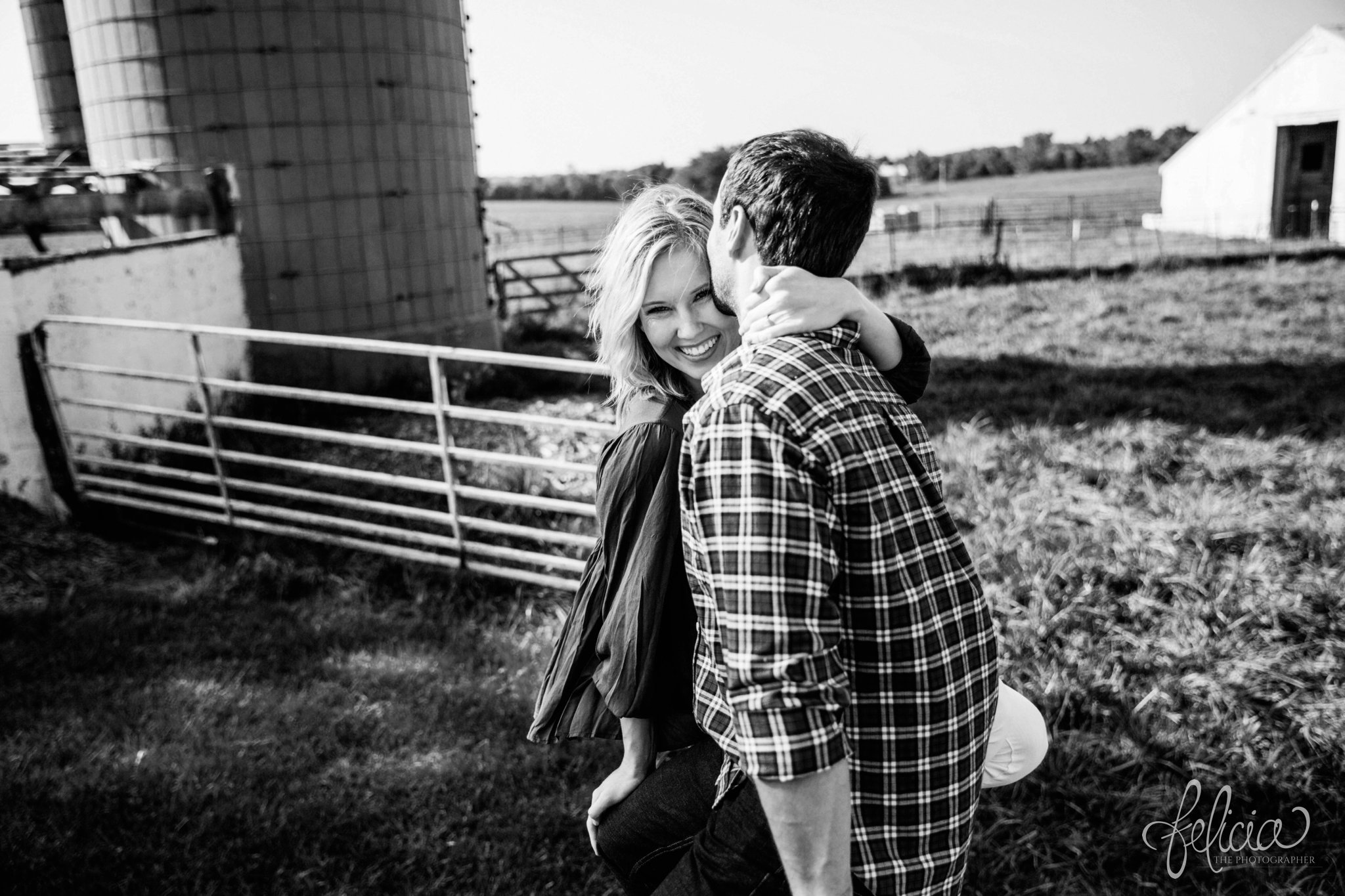 Sunrise Engagement Photos | Felicia The Photographer | Family Farm | Black and White | Candid | Sitting On Fence | Plaid Shirt