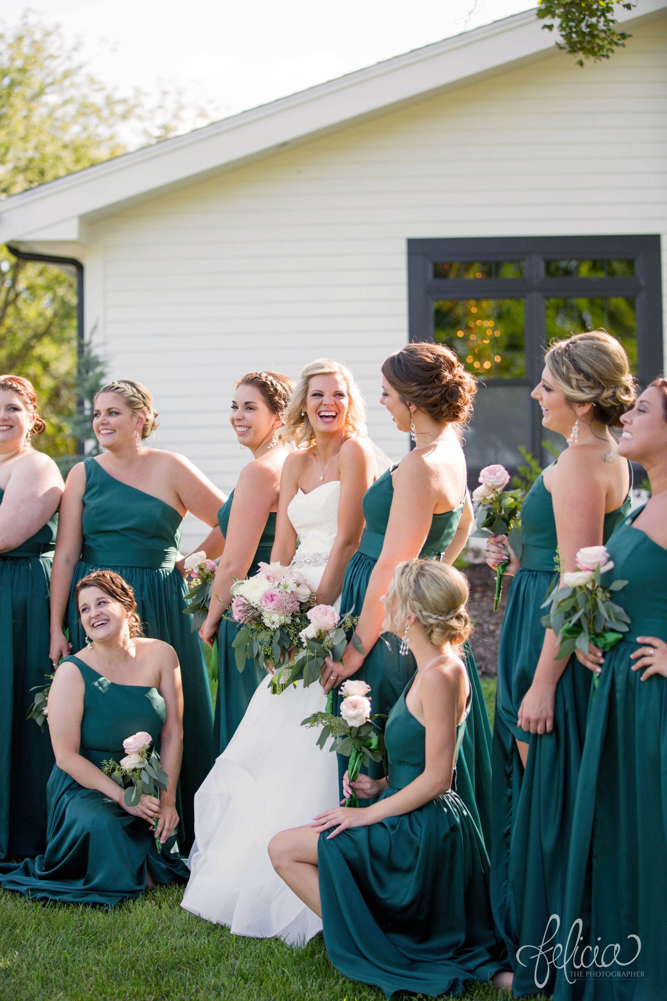 Bridesmaids Candids | Green | Emerald | Long Dresses | White Farmhouse | Victorian House | Eighteen Ninety | Kansas City Wedding Venue | Felicia The Photographer