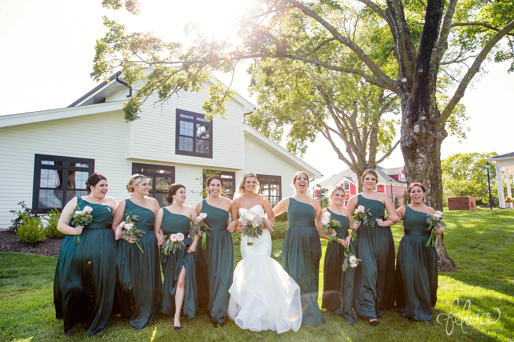 Bridesmaid Candid Photographs | Green | walking | Long Dresses | White Farmhouse | Victorian House | Eighteen Ninety | Kansas City Wedding Venue | Felicia The Photographer