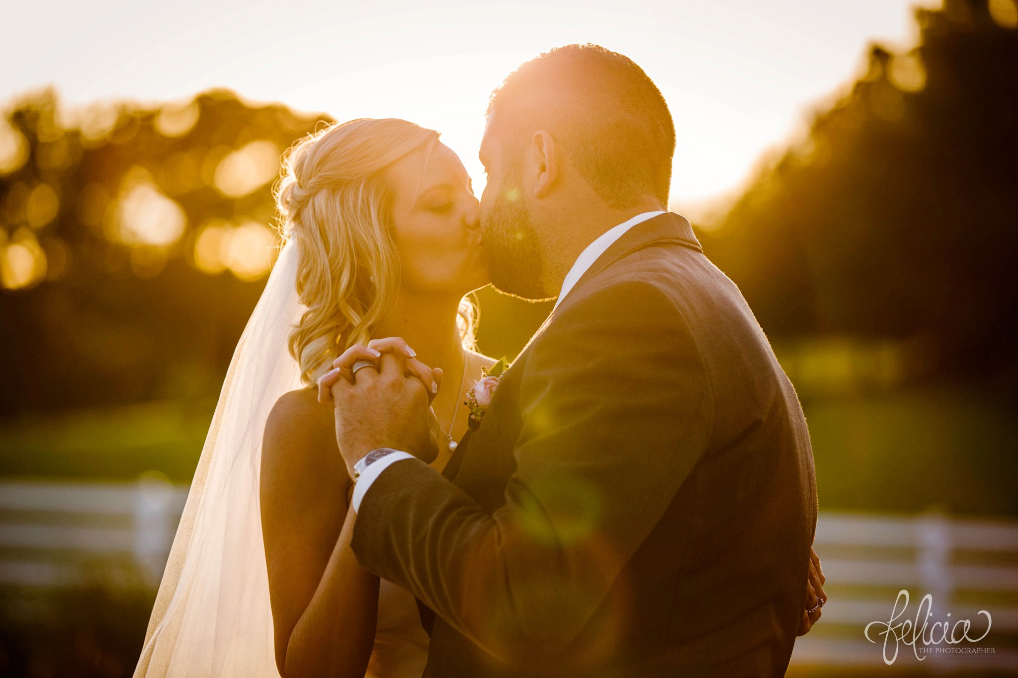 Bride and Groom | Photography | Golden Hour | Flare | Sunset | White Pickett Fence | Eighteen Ninety | Kansas City Wedding Venue | Felicia The Photographer