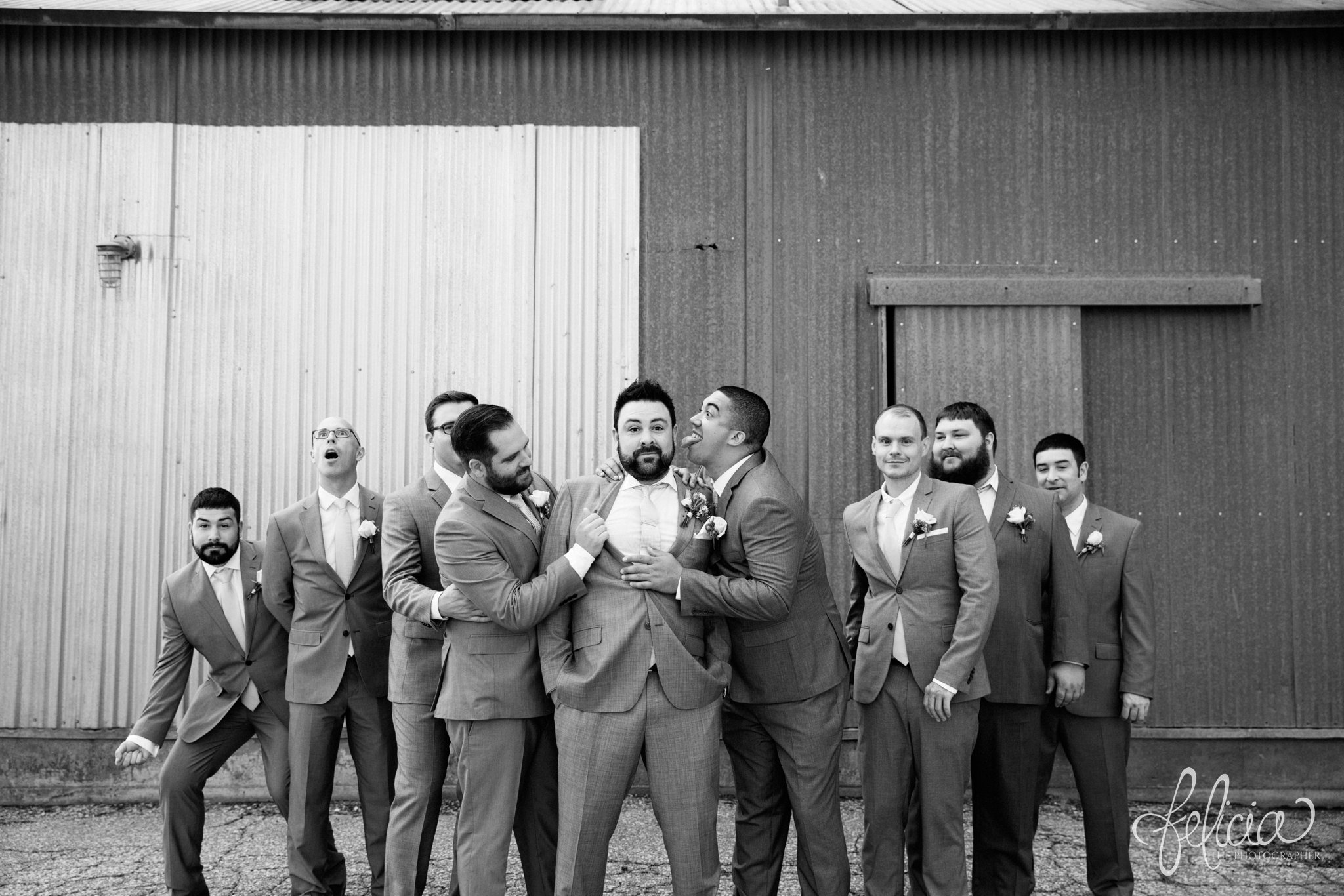 Black and White | Wedding | Wedding Photography | Wedding Photos | Travel Photographer | Images by feliciathephotographer.com | Kansas | Groomsmen Portrait | Groom with Groomsmen | Funny | Goofy | Candid | Casual 