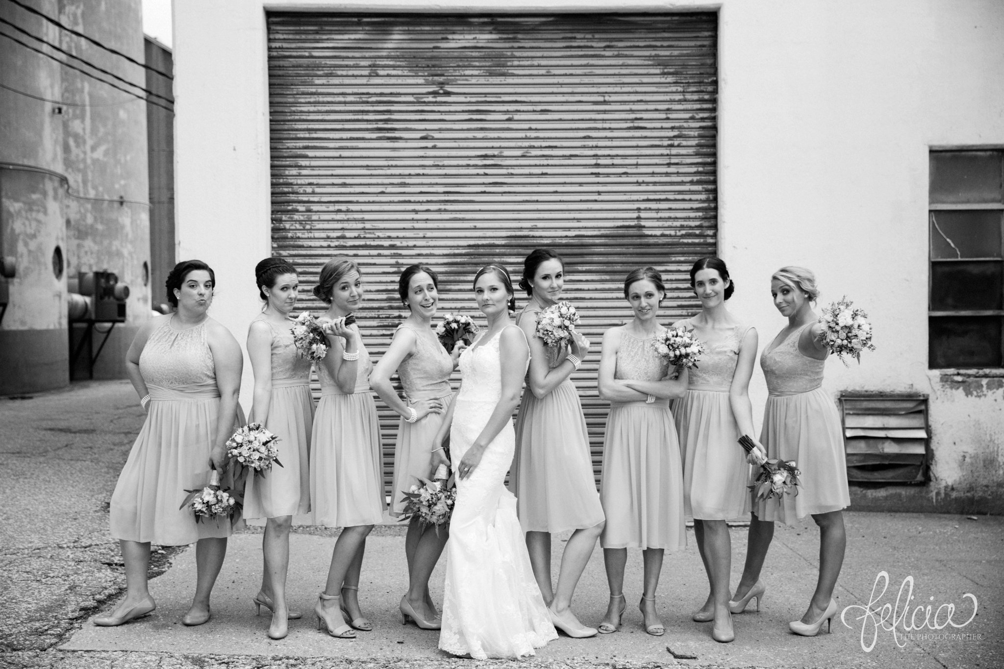 Black and White | Wedding | Wedding Photography | Wedding Photos | Travel Photographer | Images by feliciathephotographer.com | Kansas | Rustic Background | Agricultural | Industrial | Bridesmaid Portrait | Bride with Bridesmaids | Sassy | Candid 