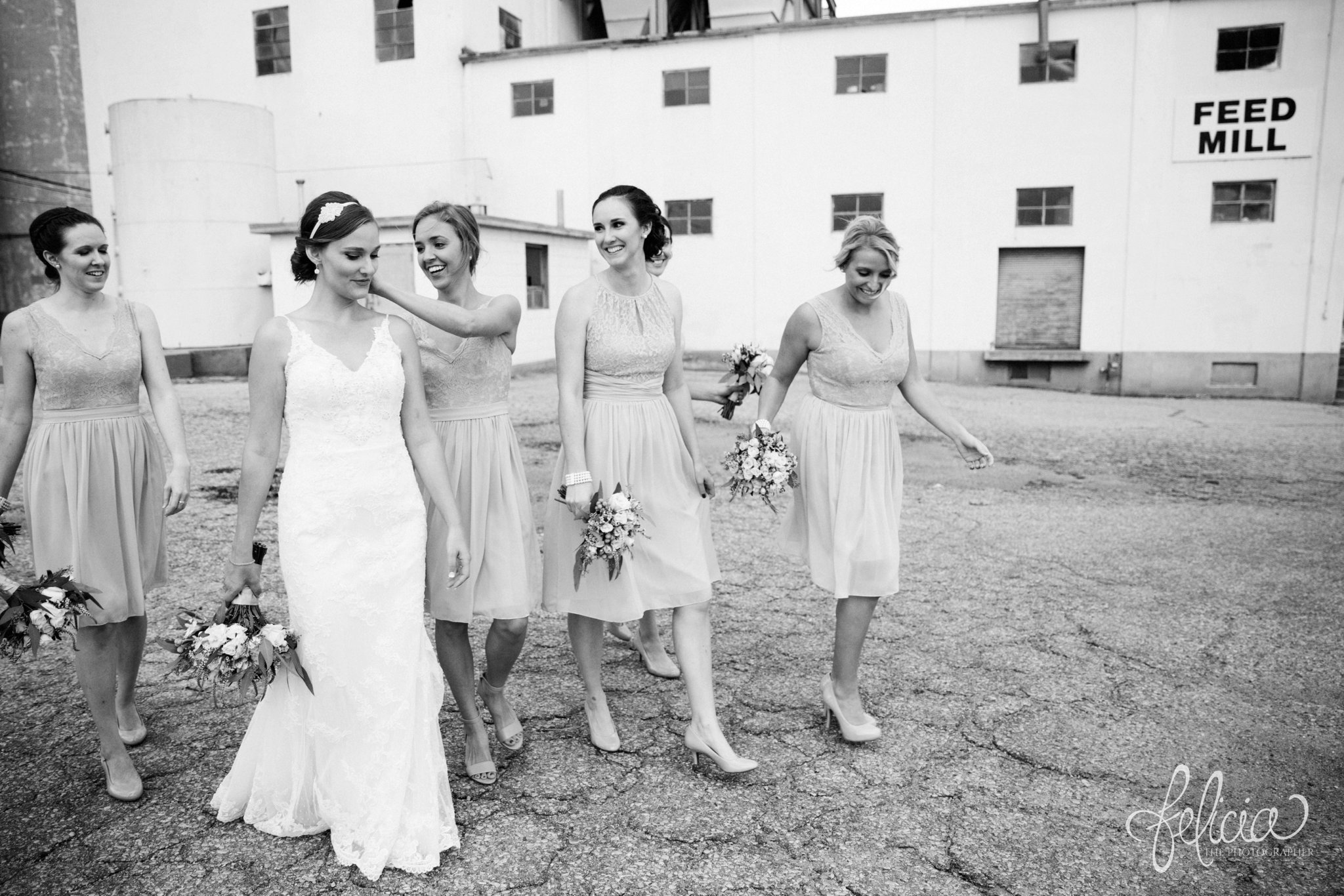 Black and White | Wedding | Wedding Photography | Wedding Photos | Travel Photographer | Images by feliciathephotographer.com | Kansas | Rustic Background | Agricultural | Industrial | Bridesmaid Portrait | Bride with Bridesmaids | Candid | Dress Fix | Casual | Fun 