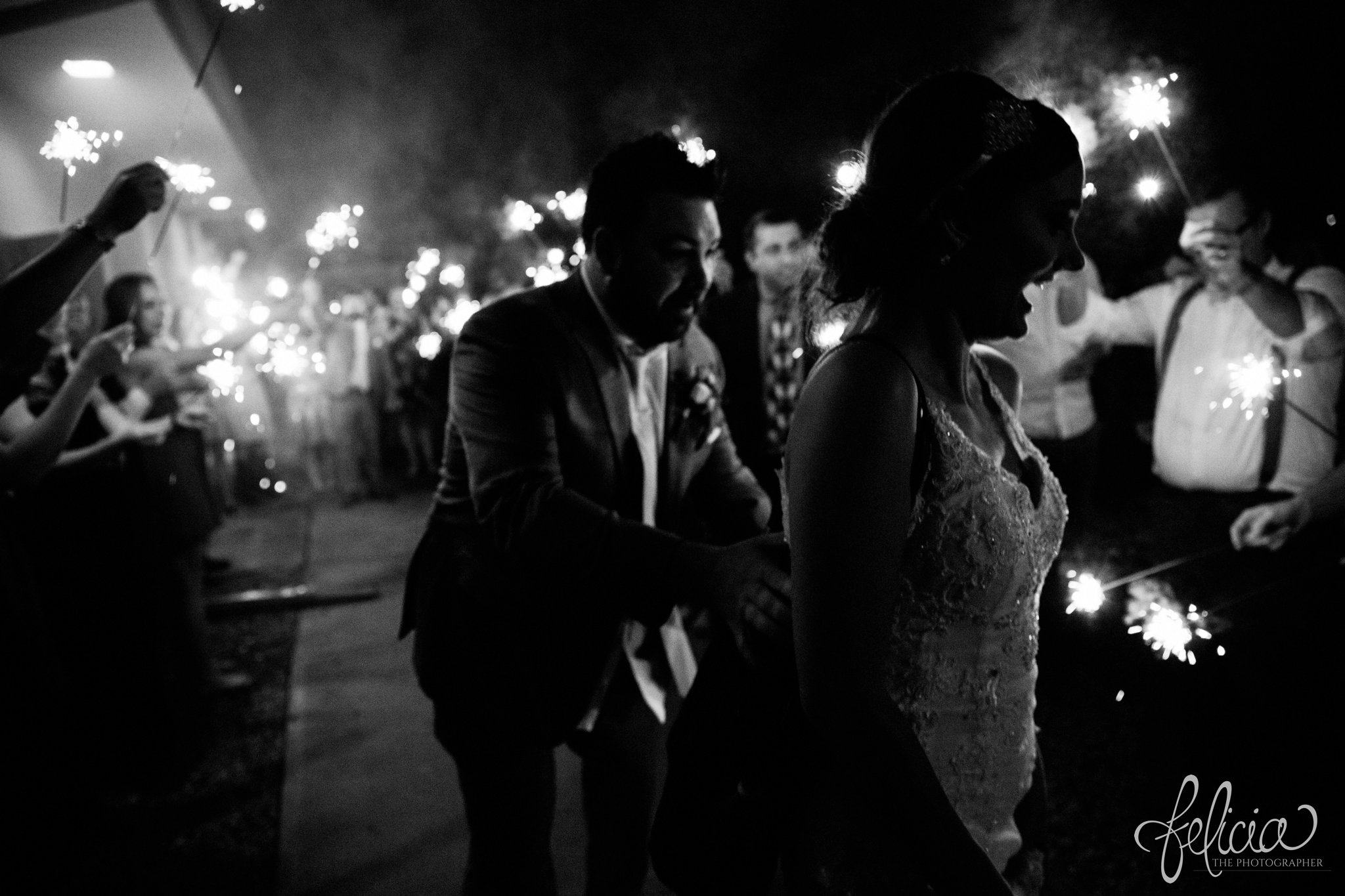 Black and White | Wedding | Wedding Photography | Wedding Photos | Travel Photographer | Images by feliciathephotographer.com | Kansas | Wedding Reception | Departure | Bride and Groom | Sparkler | Sparkler Exit 