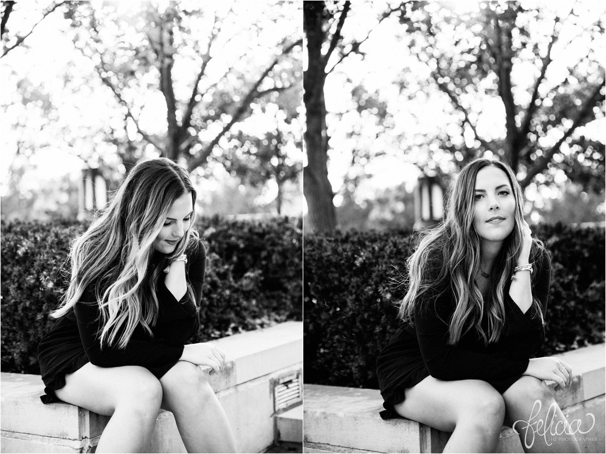 black and white | senior pictures | Kansas City | senior photos | senior photography | images by feliciathephotographer.com | crossed arms | navy romper | long sleeved | sun flare | nature | natural | hand in hair | sitting | hands on knees | tranquil 