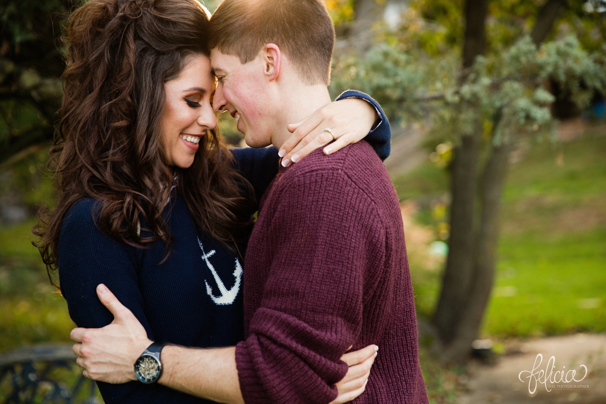 Engagement Photos | Engagement Photography | Sunset | Sunset Photography | Felicia the Photographer | Images by feliciathephotographer.com Fall | Autumn | Lake | Hand Around Neck | Closed Eyes | Forehead Touch | Smiles | Sun Flare 