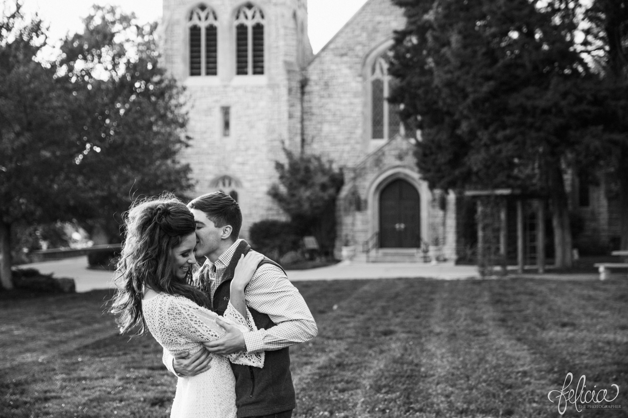 Black and White | Engagement Photos | Engagement Photography | Sunset | Sunset Photography | Felicia the Photographer | Images by feliciathephotographer.com | Fall | Autumn | Lake | Fall Leaves | Kiss on Cheek | Laughter | Hands on Shoulders