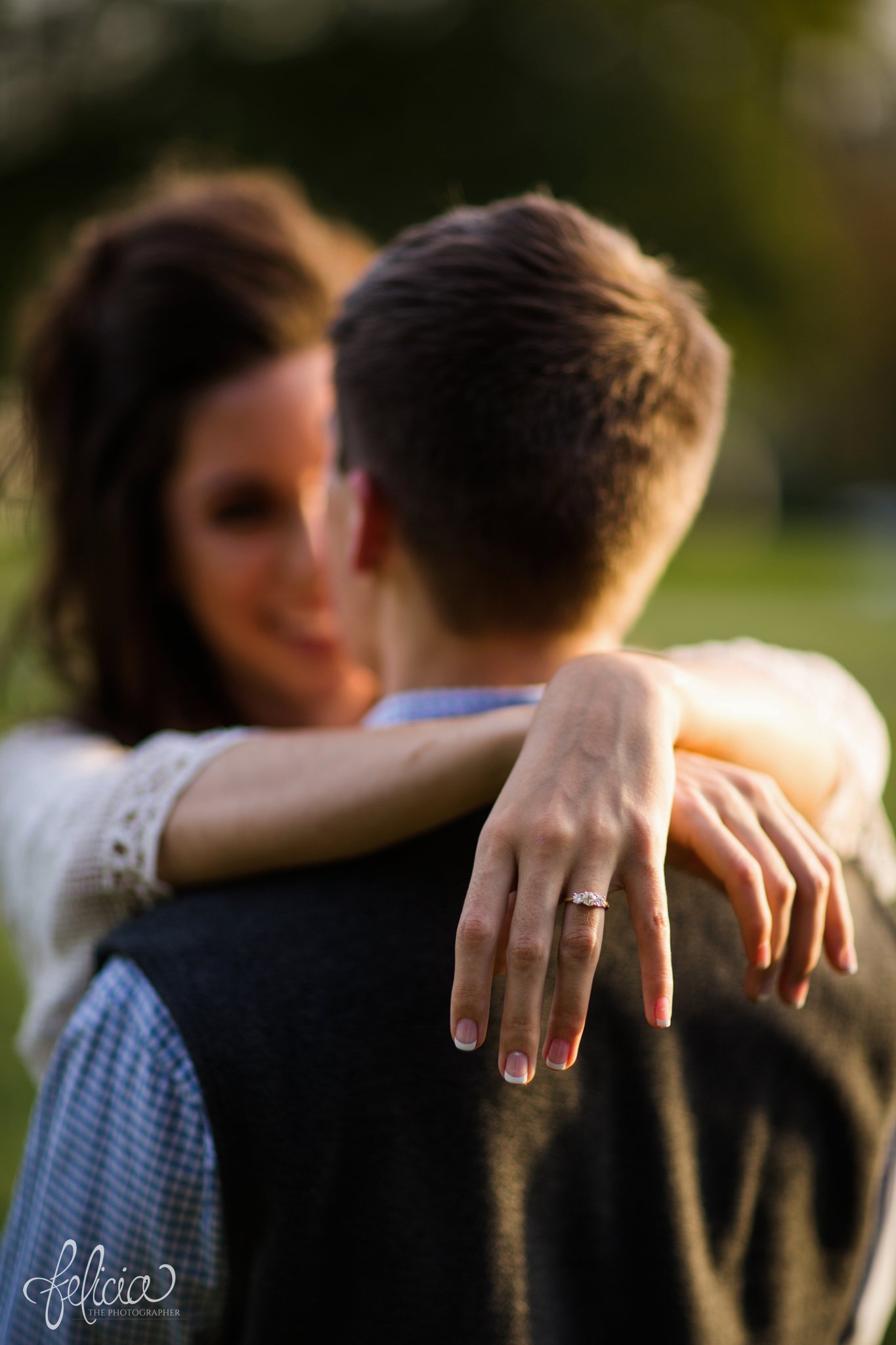 Engagement Photos | Engagement Photography | Sunset | Sunset Photography | Felicia the Photographer | Images by feliciathephotographer.com | Fall | Autumn | Lake | Sun Flare | Hands over Shoulder | Engagement Ring | Ring Photography 