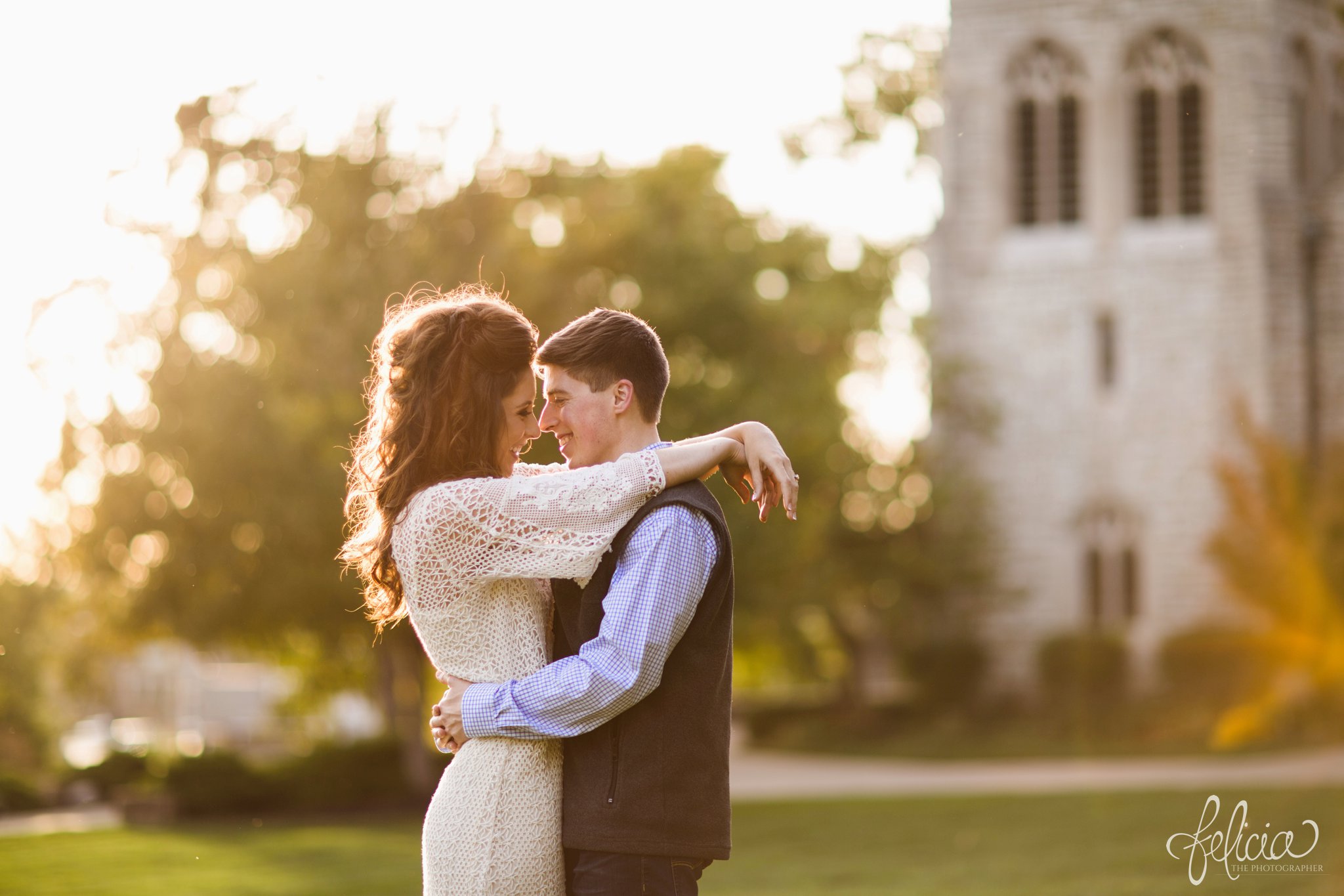 Engagement Photos | Engagement Photography | Sunset | Sunset Photography | Felicia the Photographer | Images by feliciathephotographer.com | Fall | Autumn | Lake | Sun Flare | Hands Over Shoulders | Hands Around Waist | Forehead Touch 