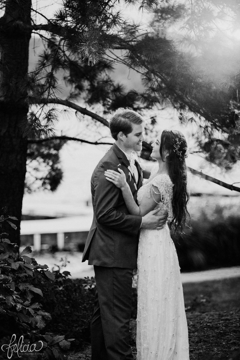 Lake Quivira | Sunset | Bride and Groom | Forest | Evergreens | Black and White | Kansas City | Felicia The Photographer