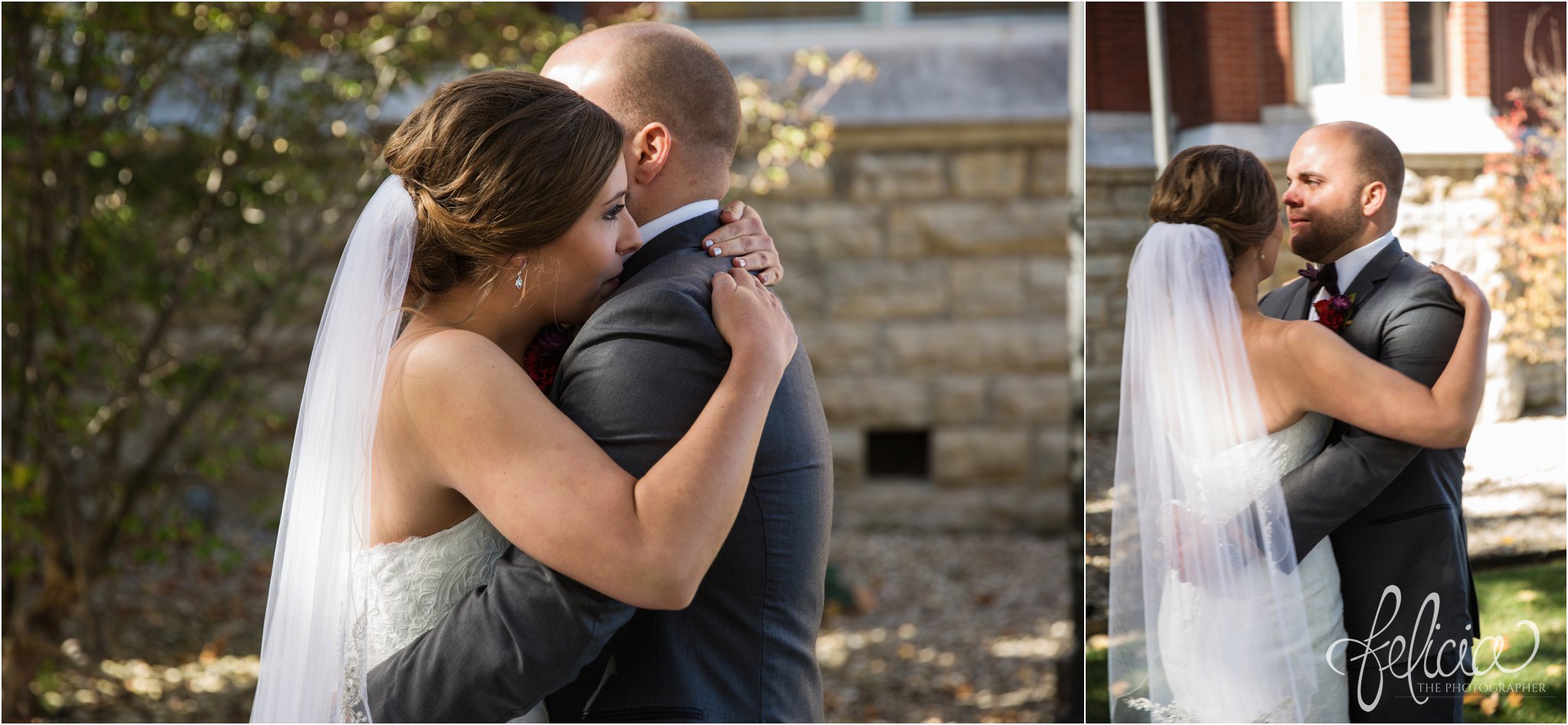 weddings | wedding photography | wedding photos | images by feliciathephotographer.com | St. Francis Xavier Church | Moila Country Club | autumn wedding | fall wedding | fall colors | harvest | purple and orange | Kansas City | St. Joseph | harvest inspiration | first look | bride and groom hug | before the wedding 