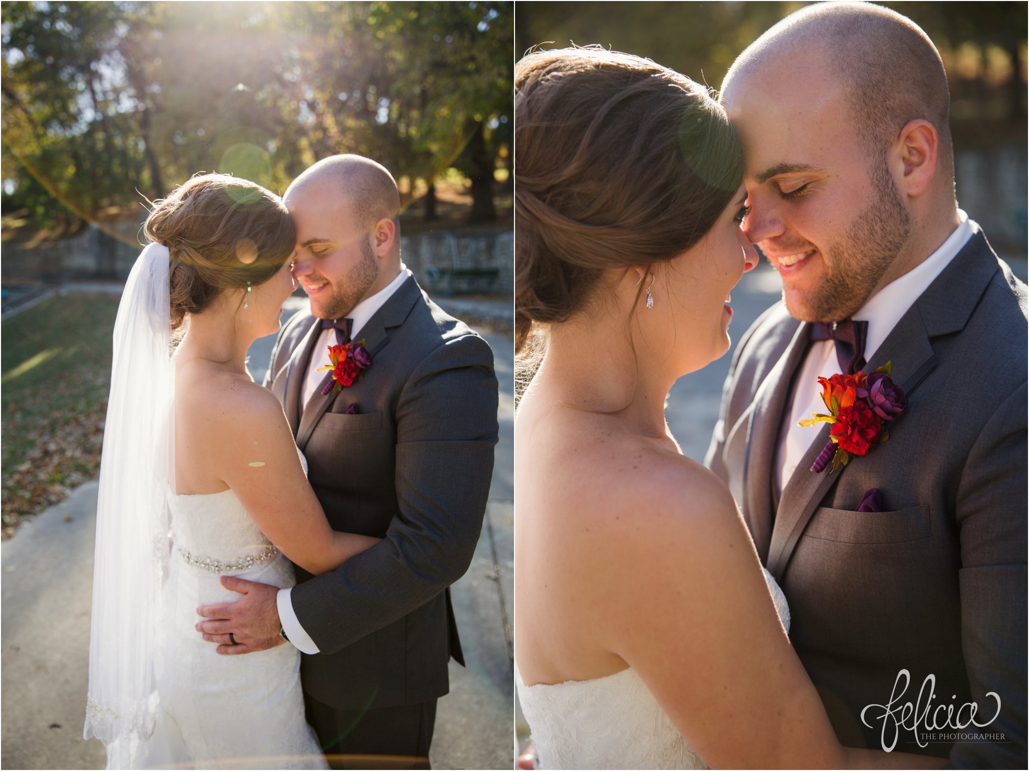 weddings | wedding photography | wedding photos | images by feliciathephotographer.com | St. Francis Xavier Church | Moila Country Club | autumn wedding | fall wedding | fall colors | harvest | purple and orange | Kansas City | St. Joseph | harvest inspiration | bride and groom portrait | outdoor | sunlight | hands on hips | sunlit veil | David's Bridal | black wedding band | forehead touch | orange boutonniere 