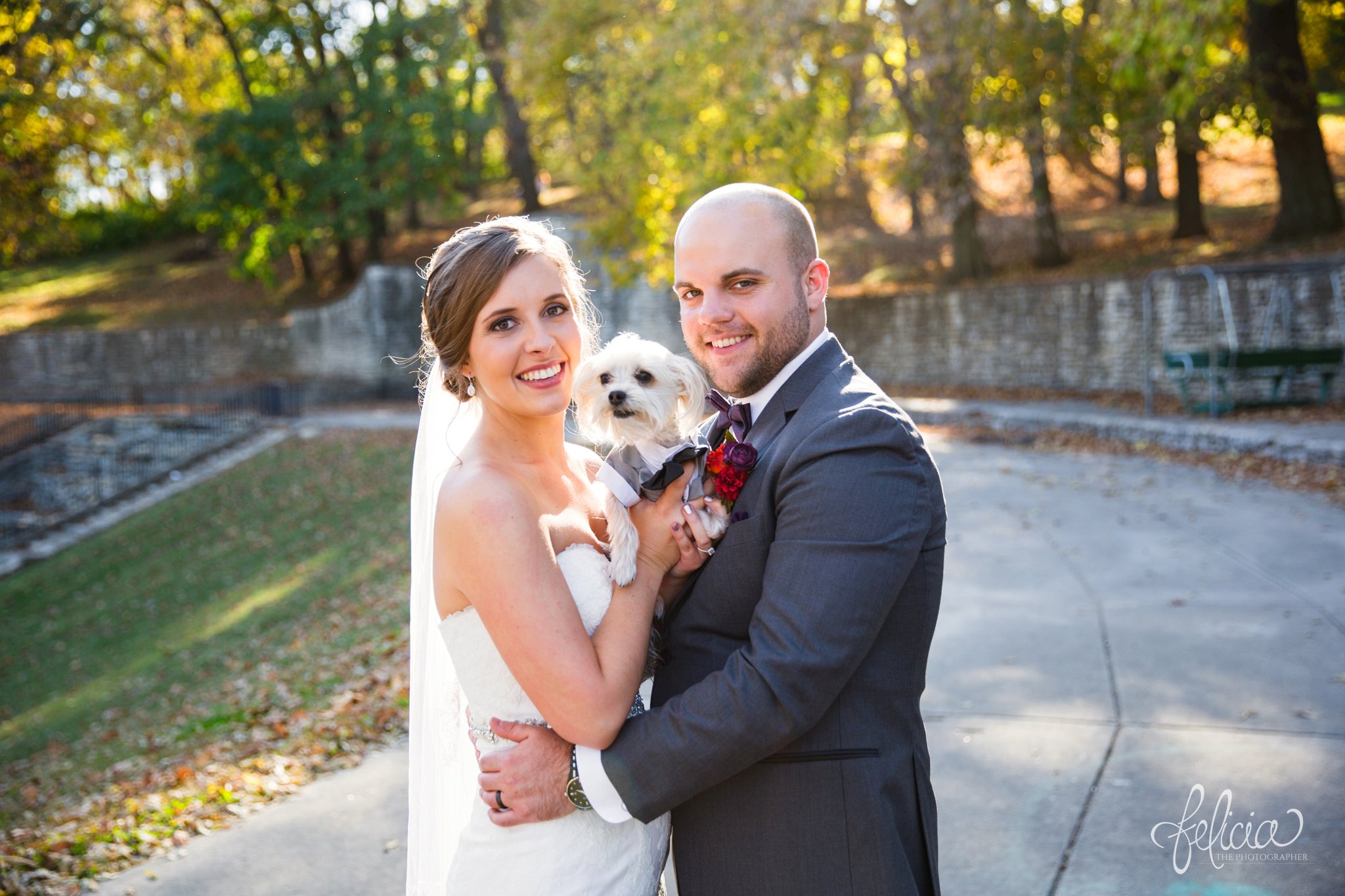 weddings | wedding photography | wedding photos | images by feliciathephotographer.com | St. Francis Xavier Church | Moila Country Club | autumn wedding | fall wedding | fall colors | harvest | purple and orange | Kansas City | St. Joseph | harvest inspiration | bride and groom portrait | outdoor | golden hour | bride and groom dog | fall leaves 