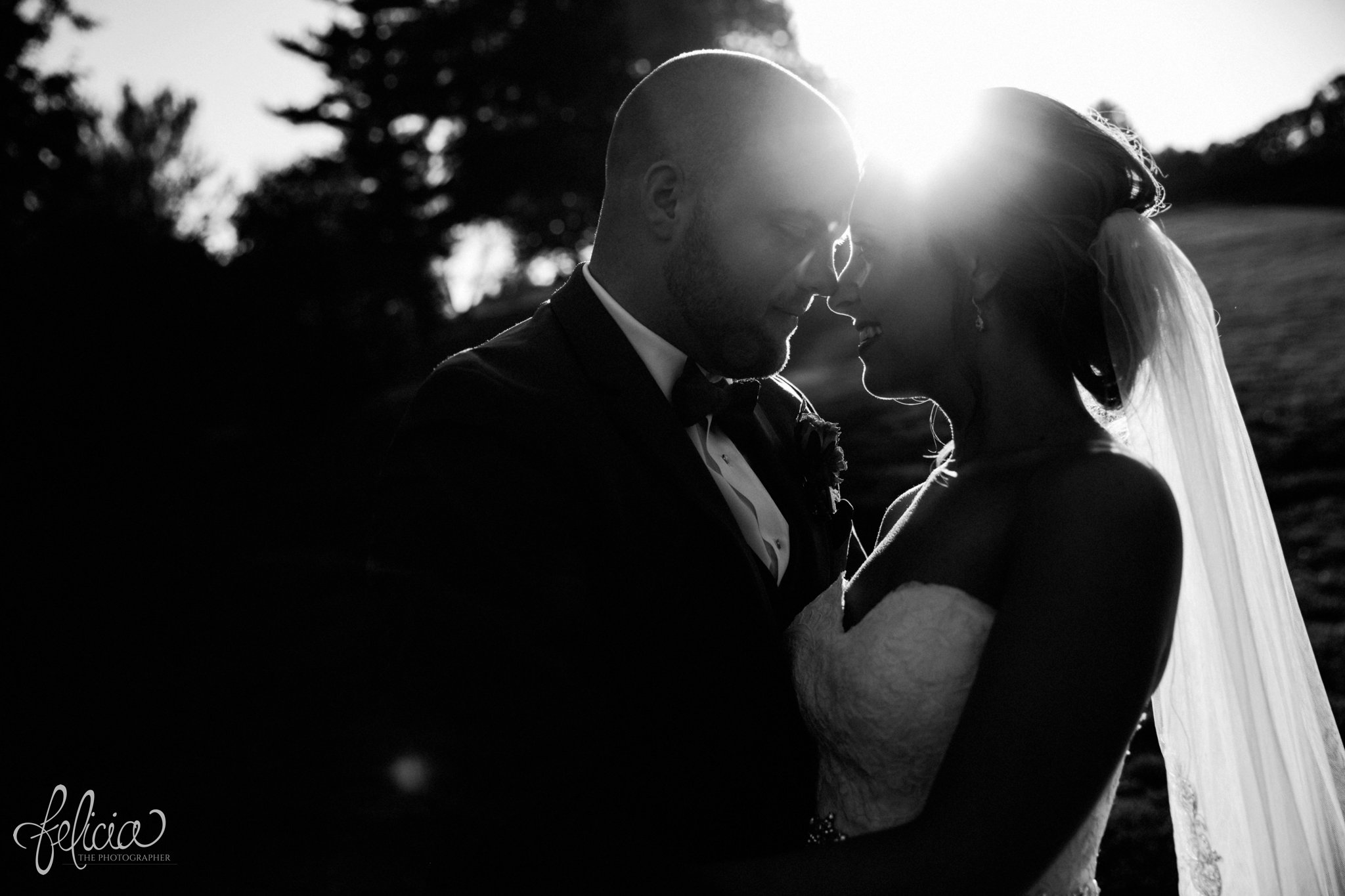 black and white | weddings | wedding photography | wedding photos | images by feliciathephotographer.com | St. Francis Xavier Church | Moila Country Club | autumn wedding | fall wedding | fall colors | harvest | purple and orange | Kansas City | St. Joseph | harvest inspiration | bride and groom portrait | outdoor | golden hour | sun flare | forehead touch | sweetheart neckline | lace details 