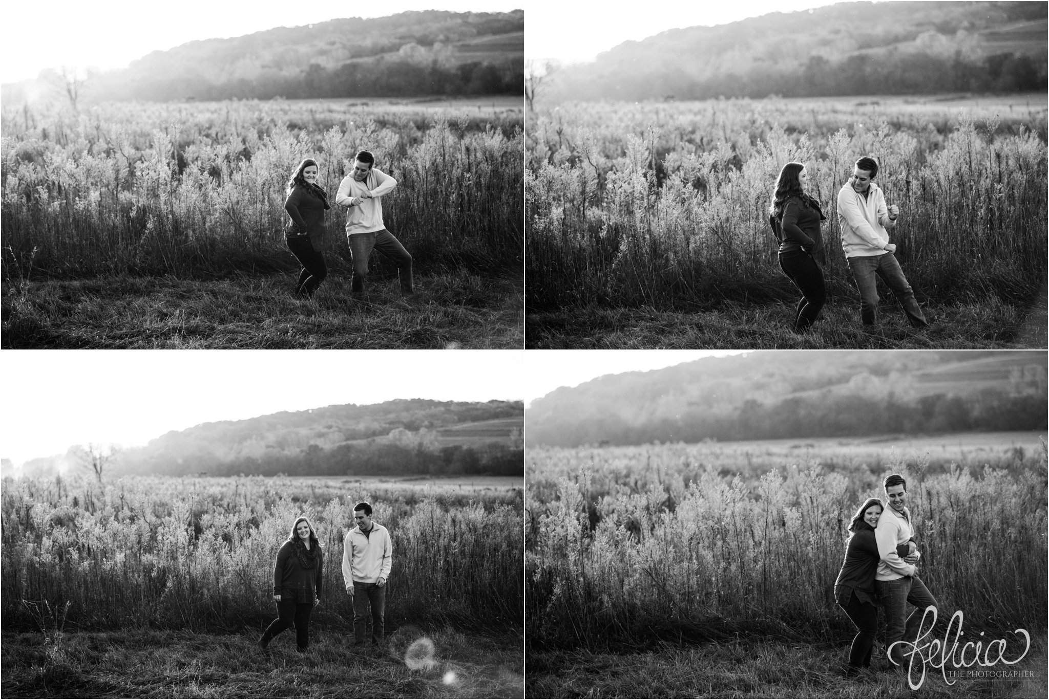 Black and White | engagement photos | fall engagement photos | engagement photography | Felicia the Photographer | images by feliciathephotographer.com | Sun Flare | Farm | Nature| Golden Hour | Candid | Dancing in Fields | Goofy | Laughter 