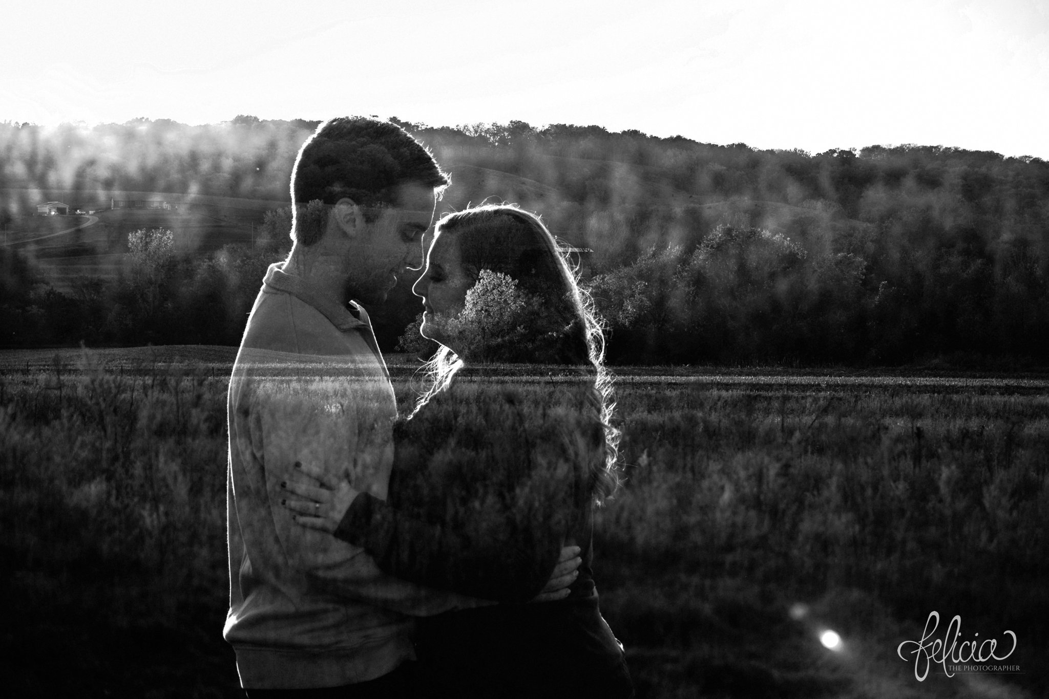 Black and White | engagement photos | fall engagement photos | engagement photography | Felicia the Photographer | images by feliciathephotographer.com | Sun Flare | Farm | Nature| Golden Hour | Double Exposure | Hugging | Closed Eyes