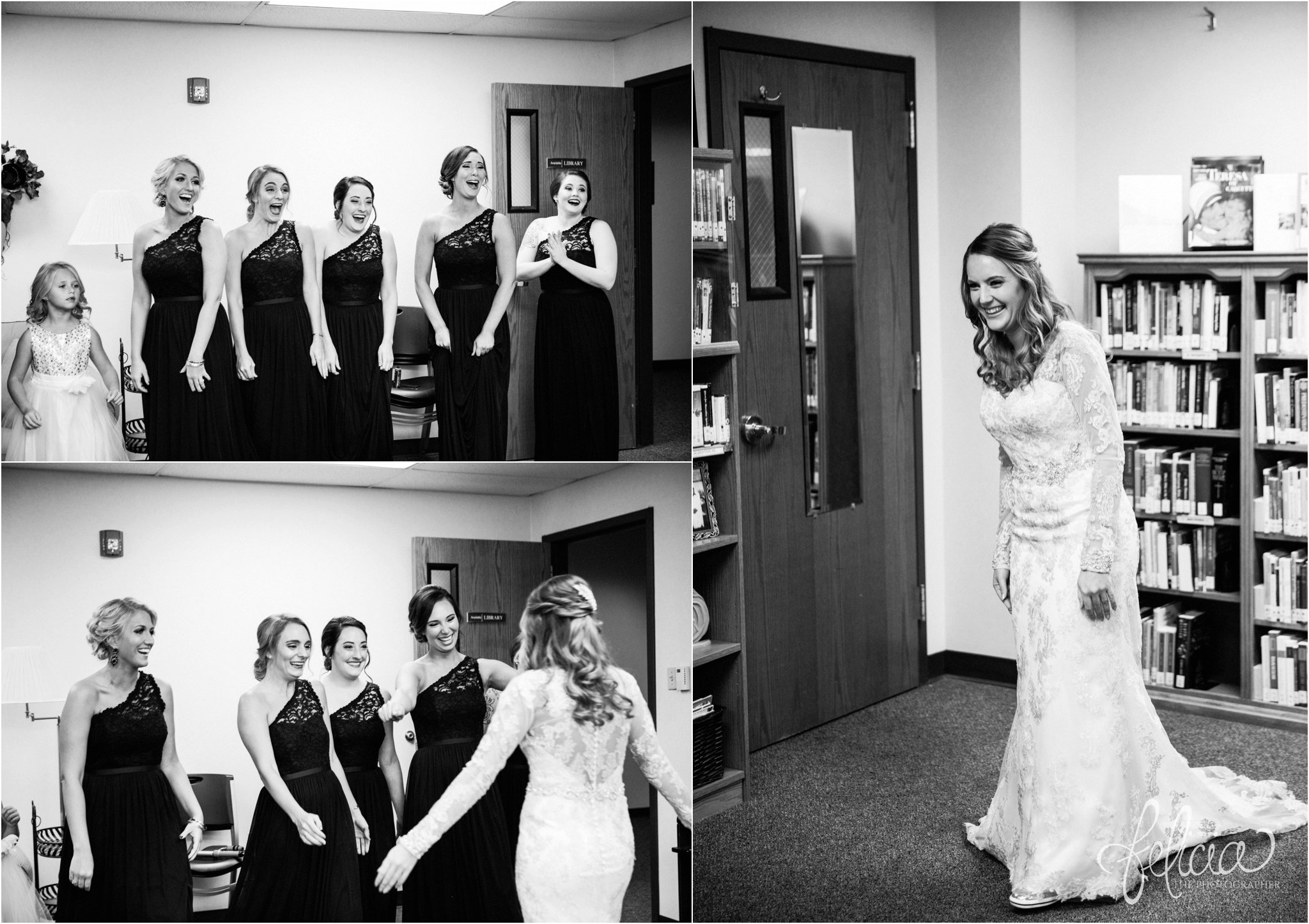 black and white | weddings | wedding photos | wedding photography | images by feliciathephotographer.com | St. Therese Catholic Church | Kansas City | downtown | The Terrace on Grand | wedding prep | getting ready | bridesmaids | flower girl | long bridesmaid dresses | David's Bridal | bride reveal | bridesmaid reaction | candid | Maggie Soterro | The Gown Gallery 