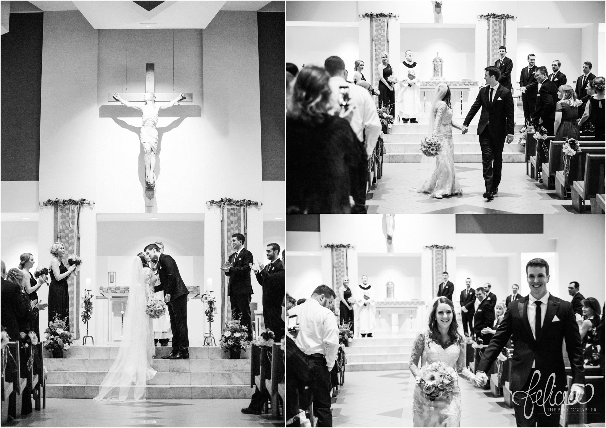 black and white | weddings | wedding photos | wedding photography | images by feliciathephotographer.com | St. Therese Catholic Church | Kansas City | downtown | The Terrace on Grand | the ceremony | wedding ceremony | first kiss | man and wife | walking down the aisle | man and wife 