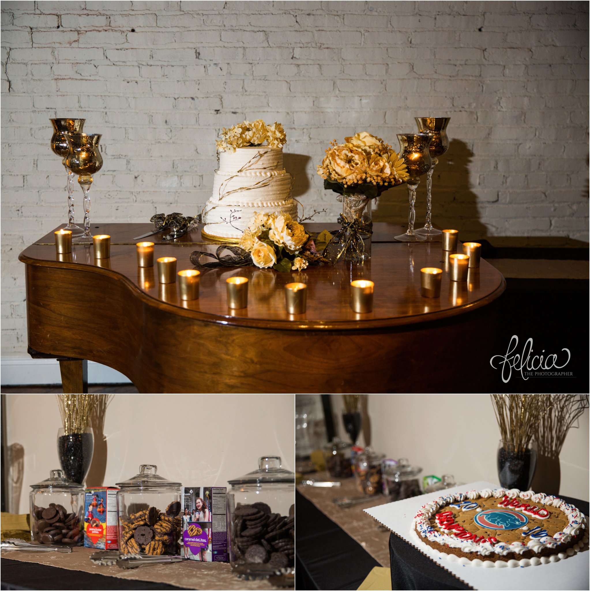 weddings | wedding photos | wedding photography | images by feliciathephotographer.com | St. Therese Catholic Church | Kansas City | downtown | The Terrace on Grand | reception accessories | piano | golden tea lights | cookie cake | Girl Scout Cookies of America | cookie jar | wedding cake | 3 tiered wedding cake 