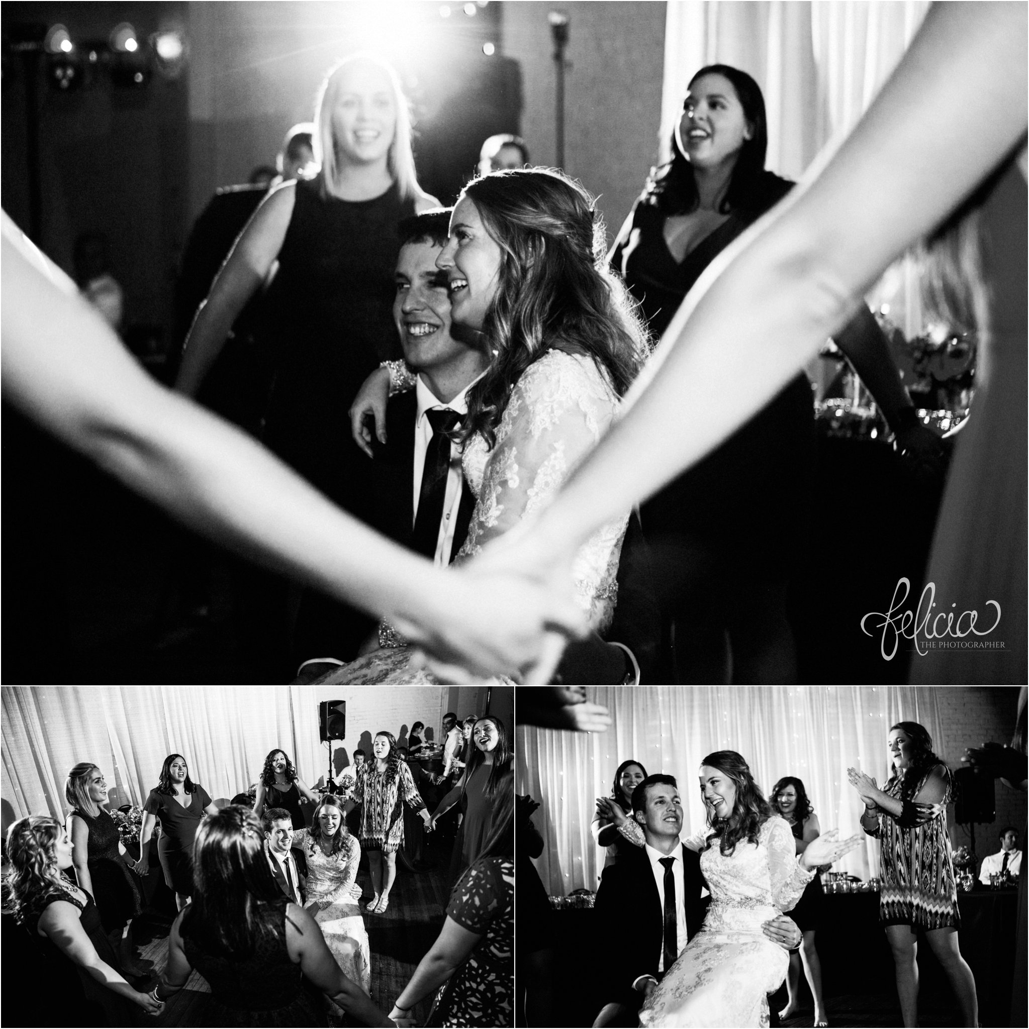 black and white | weddings | wedding photos | wedding photography | images by feliciathephotographer.com | St. Therese Catholic Church | Kansas City | downtown | The Terrace on Grand | reception | reception activities | wedding guests | candid | dancing | DJConnection | smiling bride 