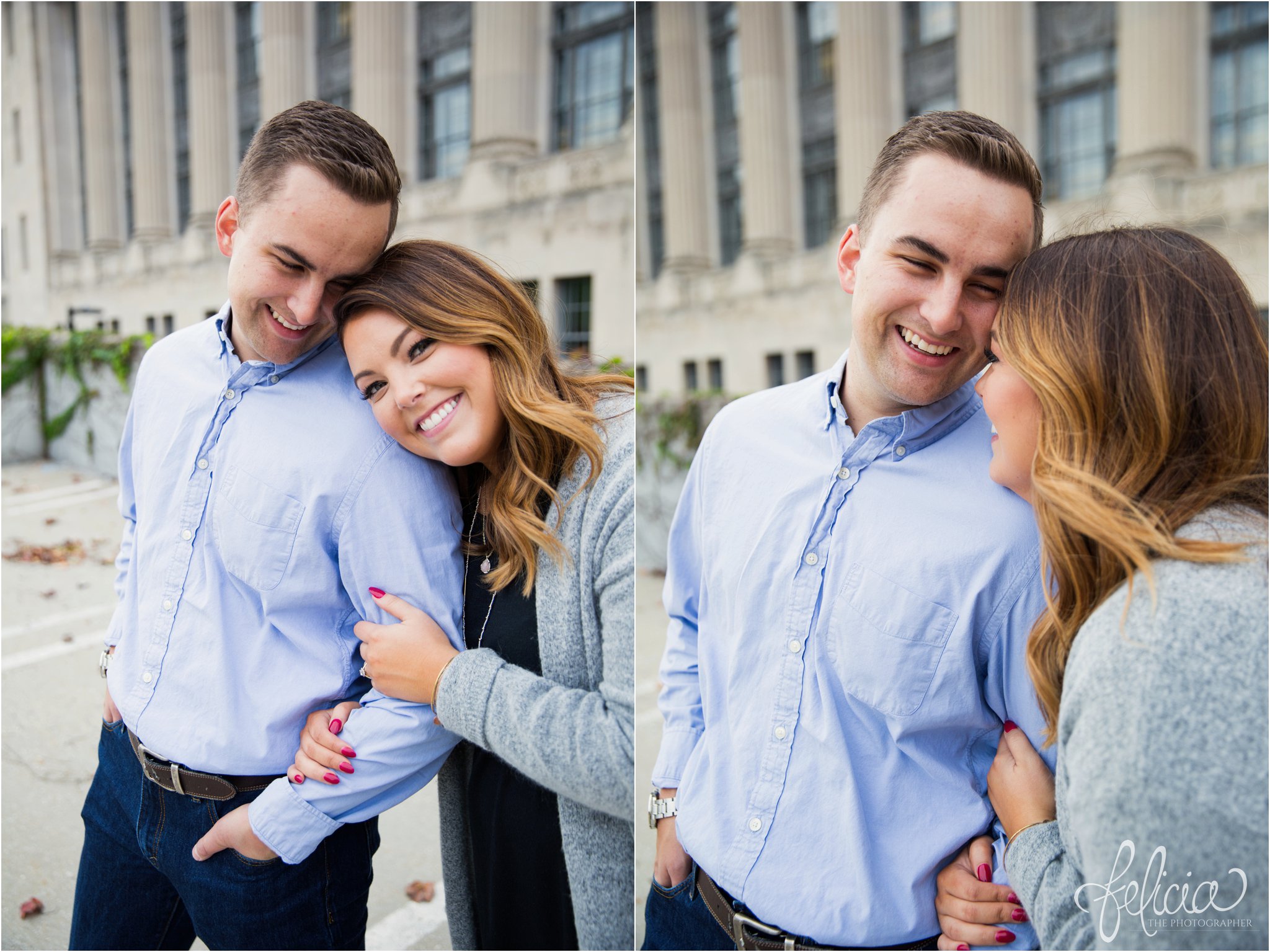engagement photos | engagement photography | Kansas City | images by feliciathephotographer.com | architectural backgrounds | happy couple | linked arms | chin on shoulder | romance 
