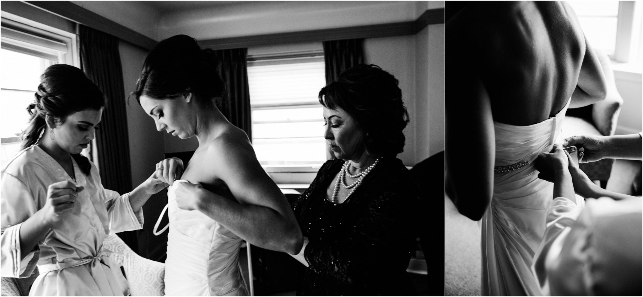 black and white | wedding | wedding photos | wedding photography | images by feliciathephotographer.com | Country Club Plaza | Kansas City | Unity Temple | wedding prep | getting ready | candid | stepping into dress | David's Bridal | mother of the bride | mother with bride | beaded belt 