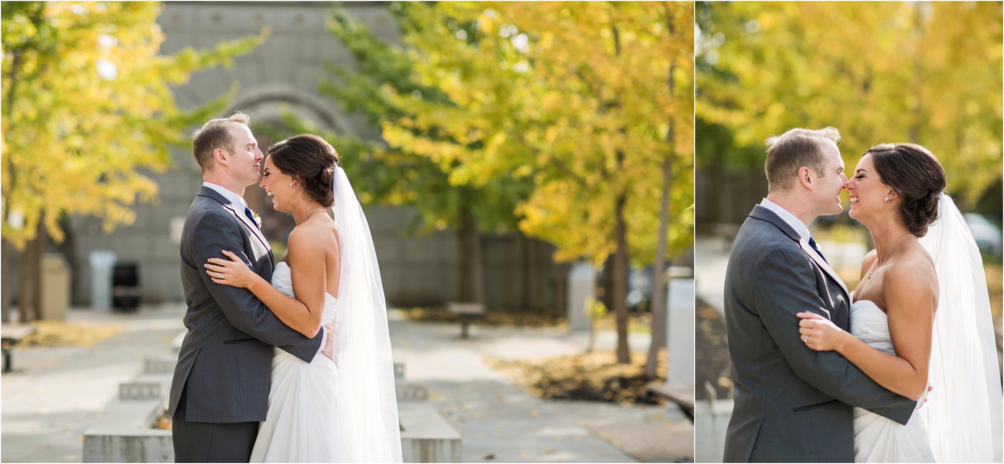 wedding | wedding photos | wedding photography | images by feliciathephotographer.com | Country Club Plaza | Kansas City | Unity Temple | Cancer Survivor Park | bride and groom portraits | candid | laughing bride | David's Bridal | forehead touches 