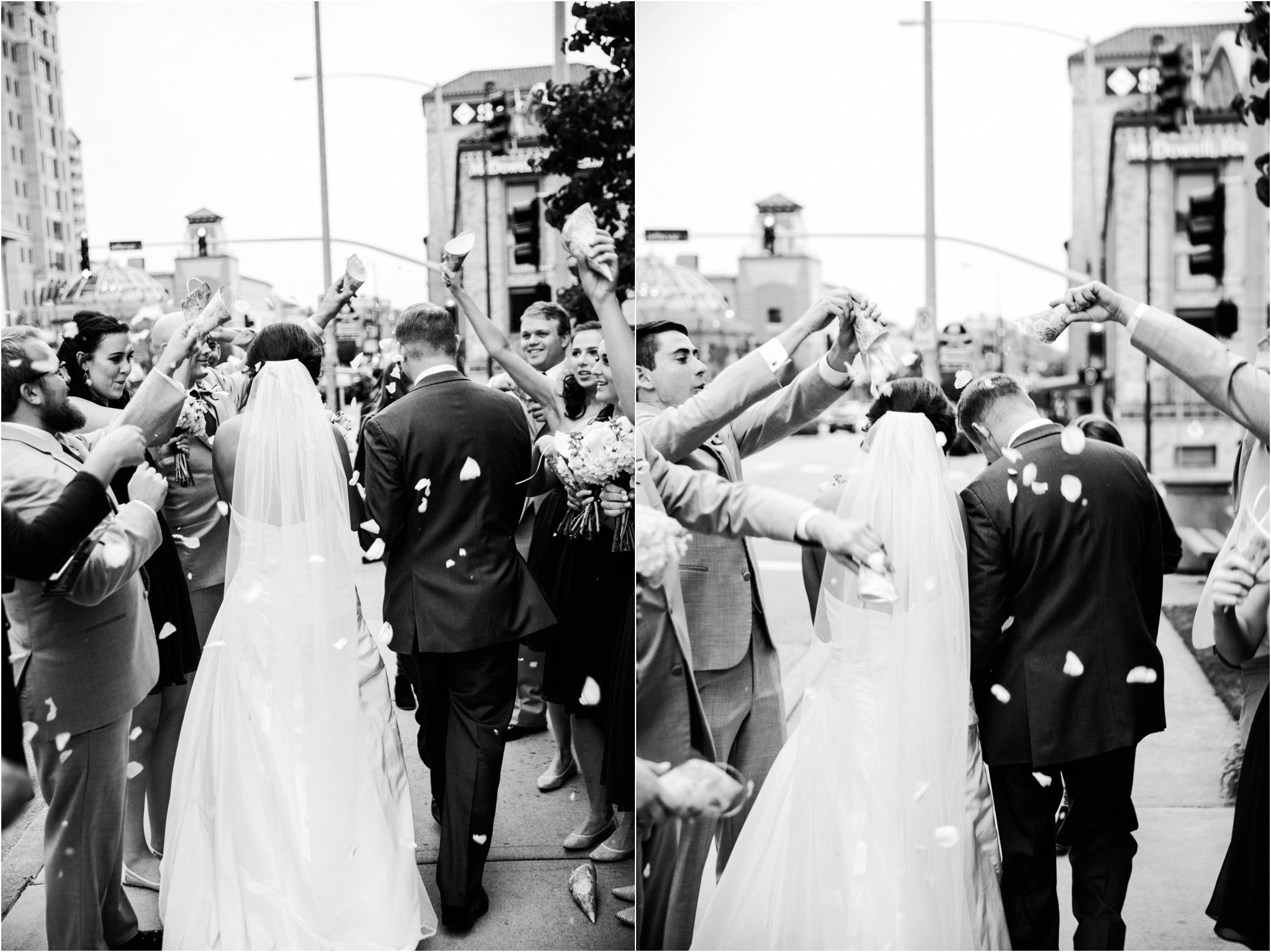 black and white | wedding | wedding photos | wedding photography | images by feliciathephotographer.com | Country Club Plaza | Kansas City | Unity Temple | wedding ceremony | man and wife | church exit | flower petals | confetti | celebration | candid | street photography 