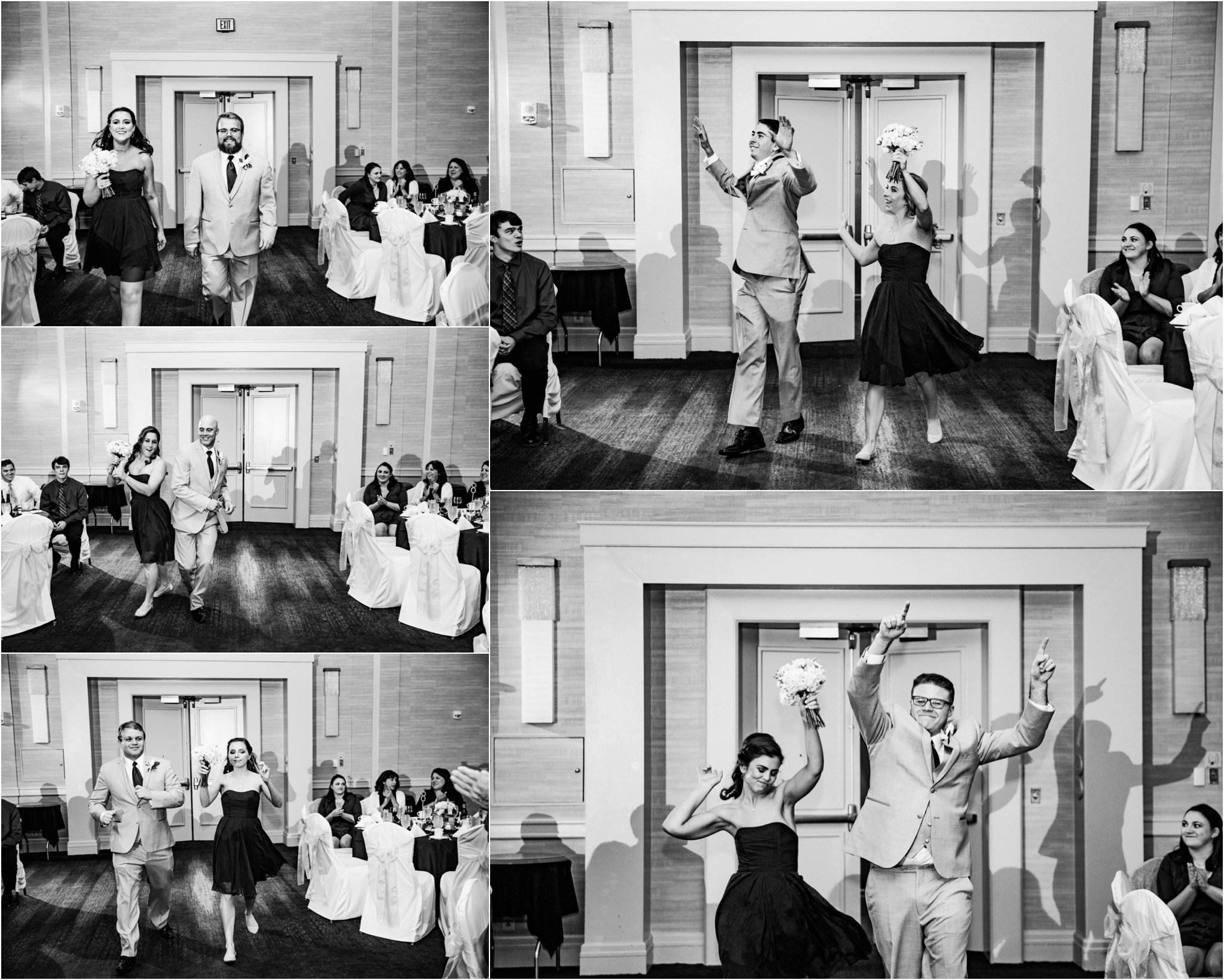 black and white | wedding | wedding photos | wedding photography | images by feliciathephotographer.com | Country Club Plaza | Kansas City | The Marriott | Unity Temple | reception venue | bridal party entrance | candid 