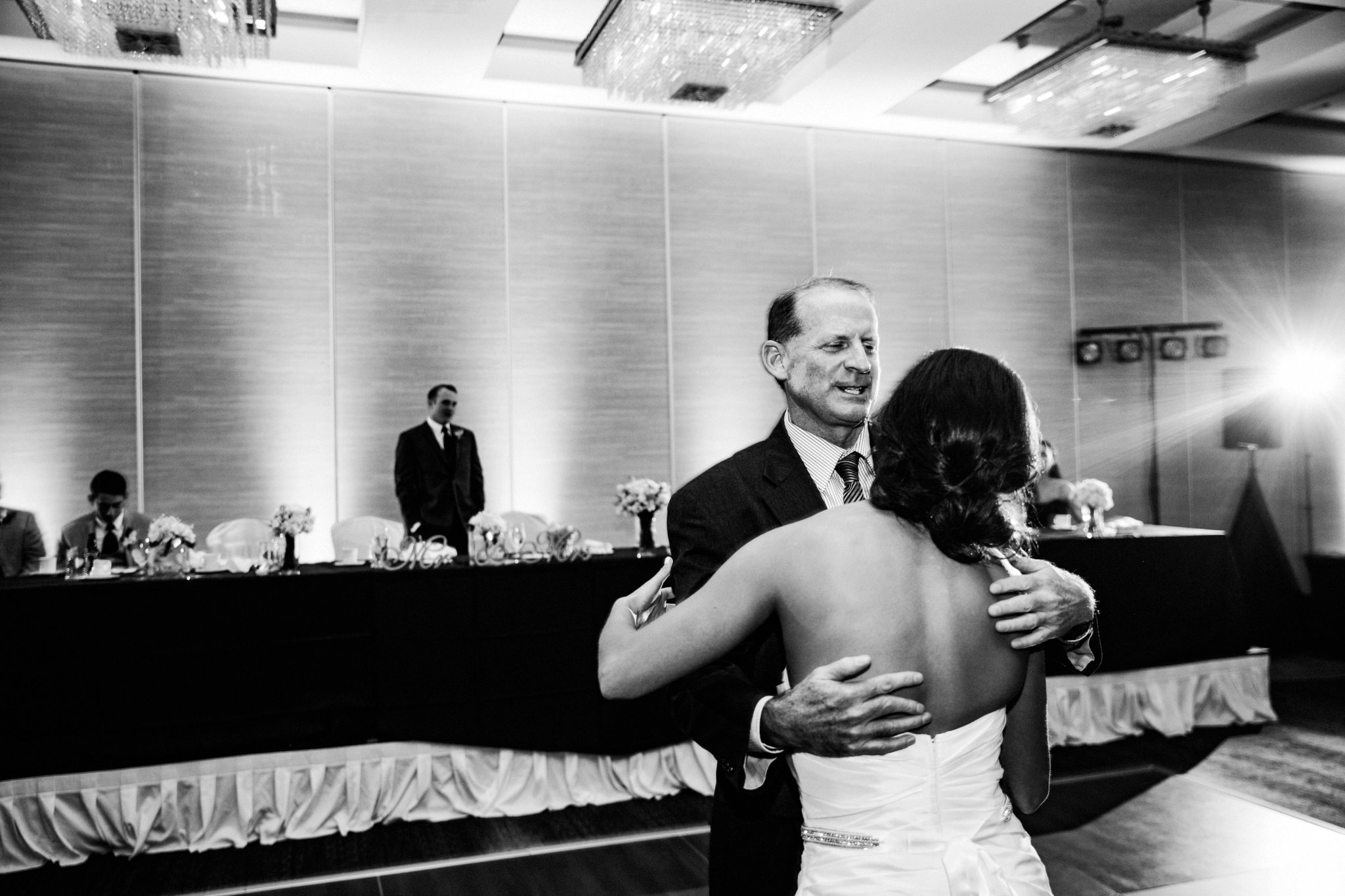 black and white | wedding | wedding photos | wedding photography | images by feliciathephotographer.com | Country Club Plaza | Kansas City | The Marriott | Unity Temple | reception venue | reception activities | father daughter dance 