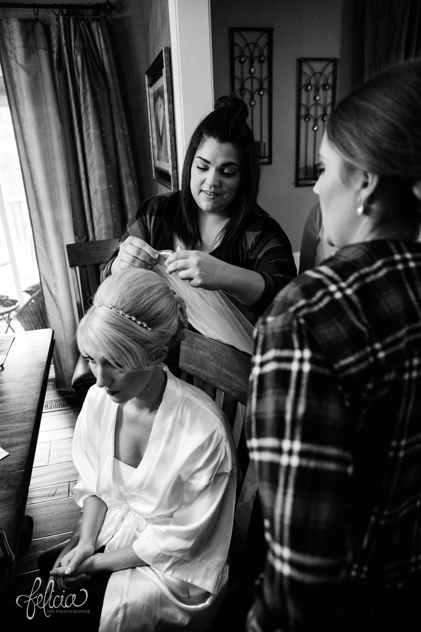 black and white | wedding | wedding photography | wedding photos | Kansas City | St. Patrick's Catholic Church | Hawthorne House | images by feliciathephotographer.com | crimson wedding | Christmas Wedding | getting ready | wedding prep | candid | wedding hair 