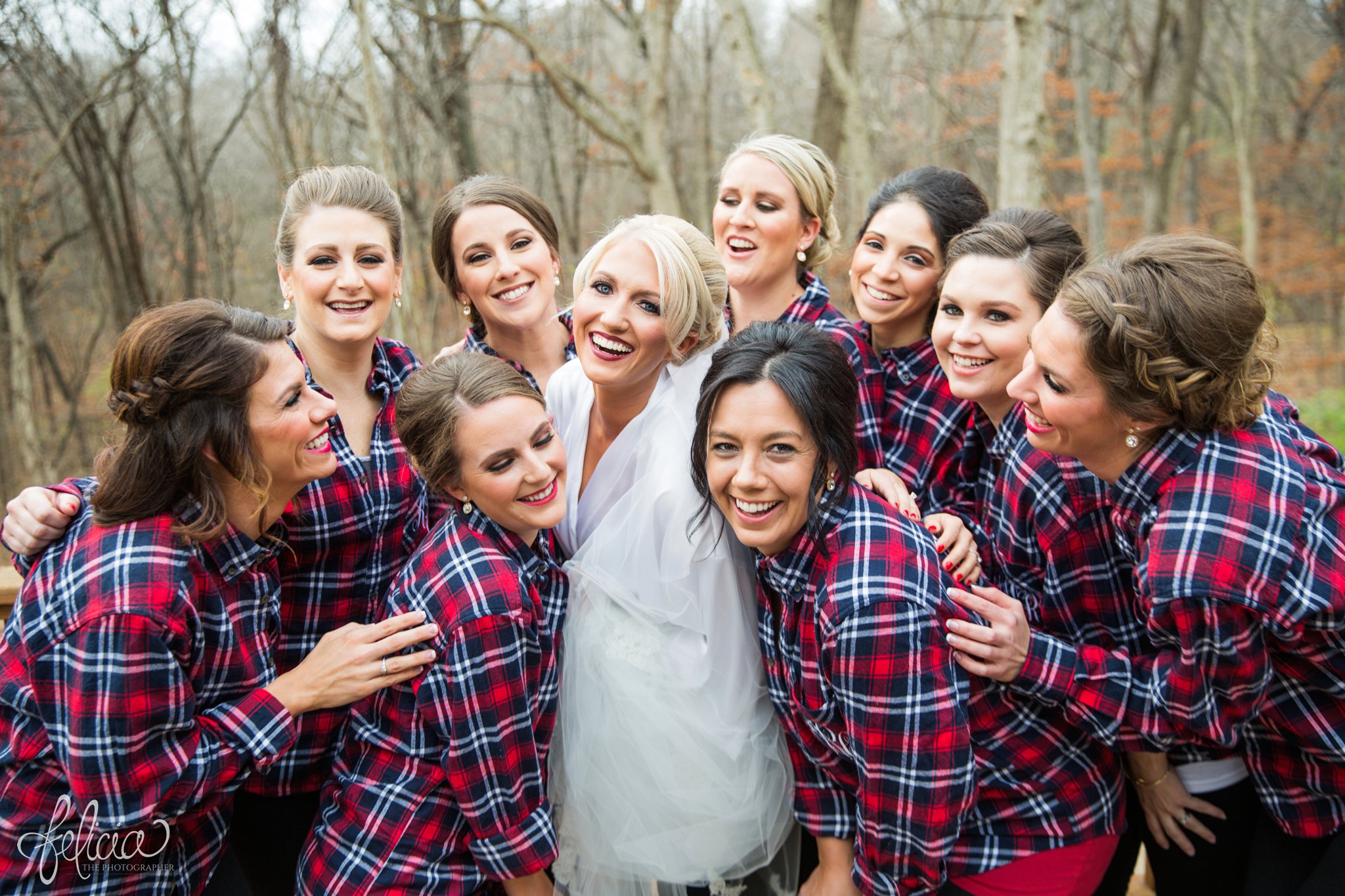 wedding | wedding photography | wedding photos | Kansas City | St. Patrick's Catholic Church | Hawthorne House | images by feliciathephotographer.com | crimson wedding | Christmas Wedding | matching bridesmaid outfits | plaid outfits | bridesmaids around bride | nature background 