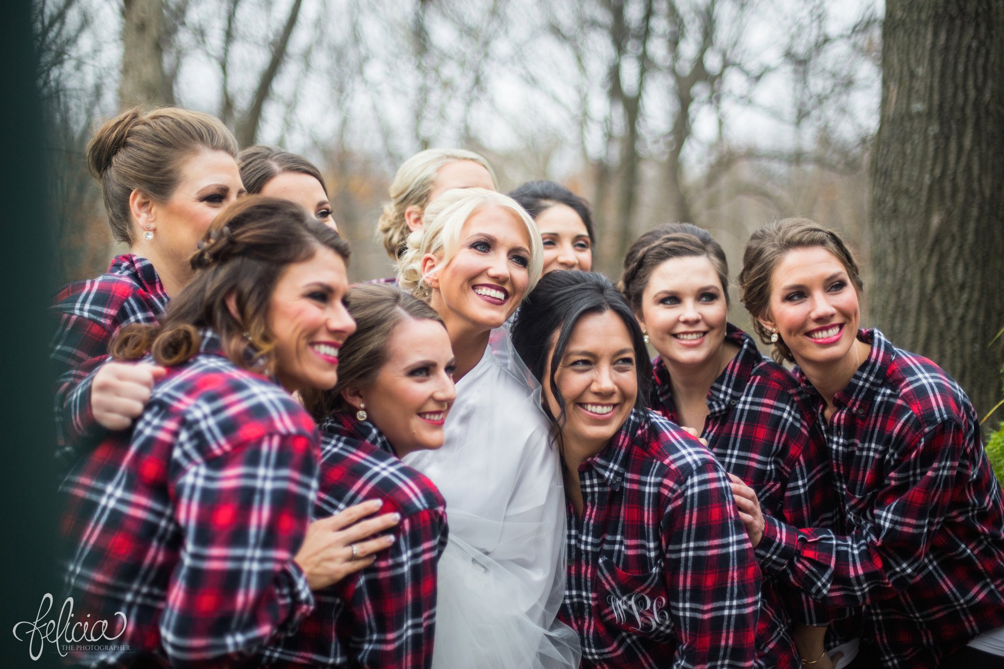 wedding | wedding photography | wedding photos | Kansas City | St. Patrick's Catholic Church | Hawthorne House | images by feliciathephotographer.com | crimson wedding | Christmas Wedding | matching bridesmaid outfits | plaid outfits | bridesmaids around bride | nature background 