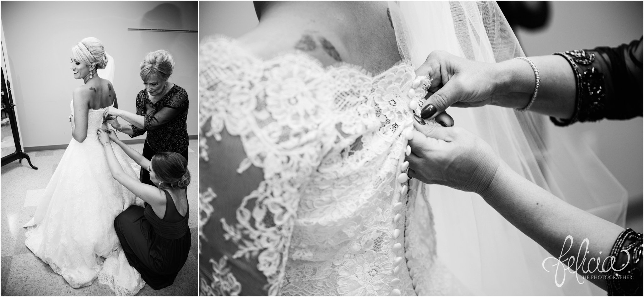 black and white | wedding | wedding photography | wedding photos | Kansas City | St. Patrick's Catholic Church | Hawthorne House | images by feliciathephotographer.com | crimson wedding | Christmas Wedding | getting ready | wedding prep | candid | Paula Varsalona | sweetheart neckline | lace sleeves | satin buttons | helping bride | bride and mother 