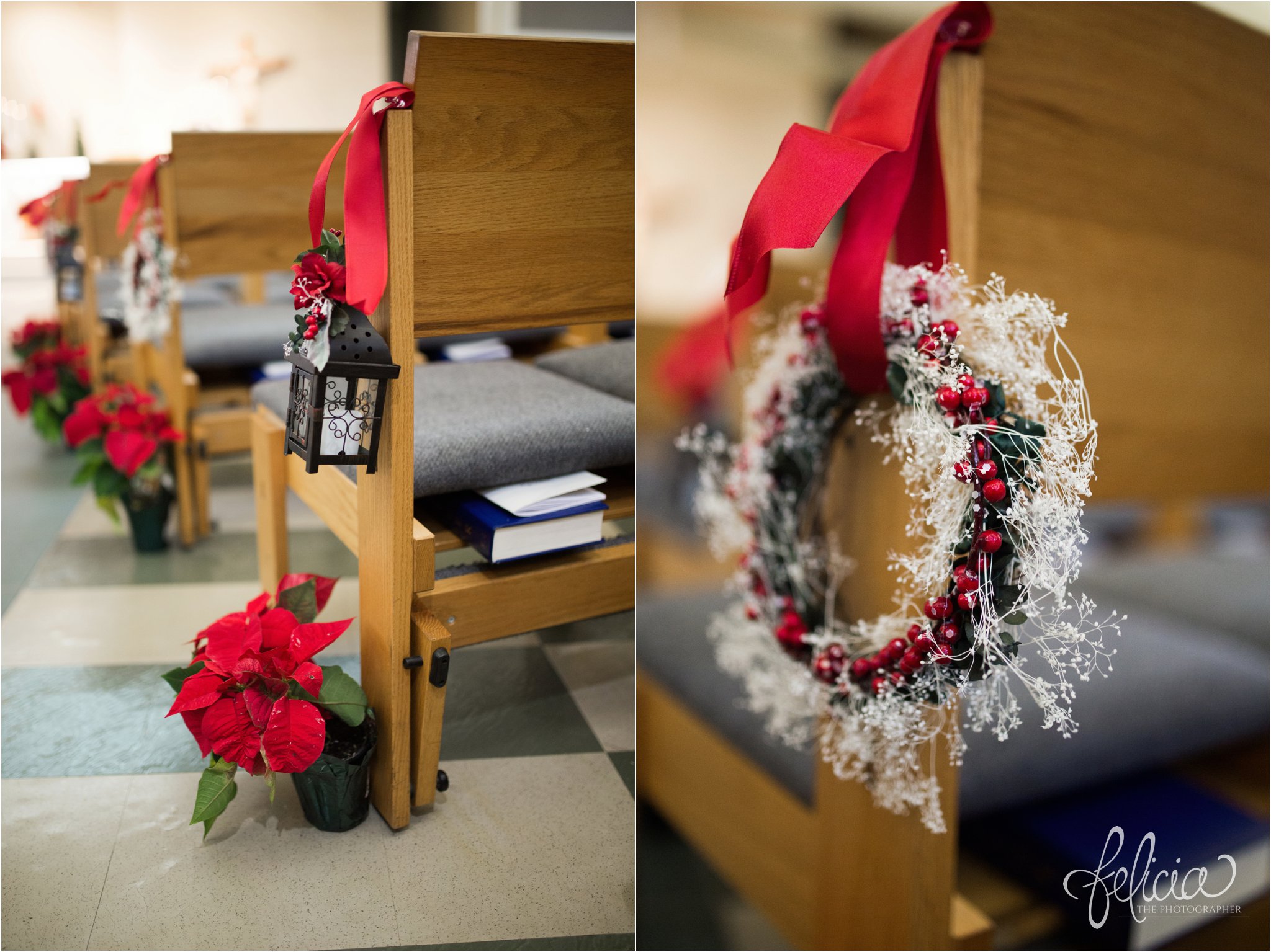 wedding | wedding photography | wedding photos | Kansas City | St. Patrick's Catholic Church | Hawthorne House | images by feliciathephotographer.com | crimson wedding | Christmas Wedding | ceremony | ceremony decor | pew decor | poinsettia | Christmas wreaths 