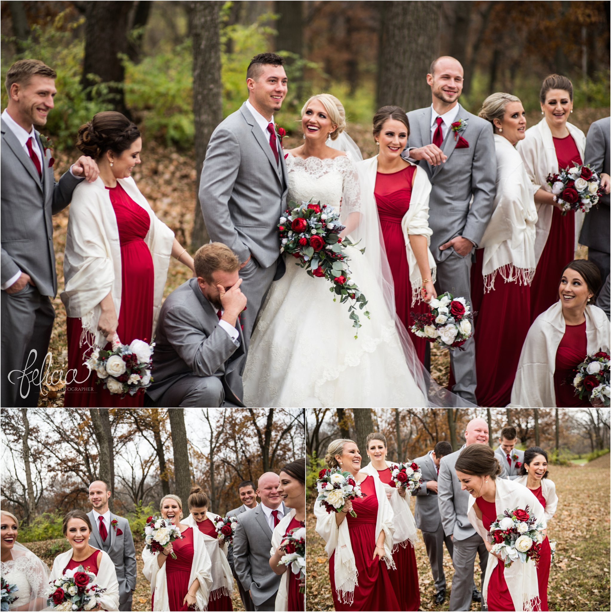 wedding | wedding photography | wedding photos | Kansas City | St. Patrick's Catholic Church | Hawthorne House | images by feliciathephotographer.com | crimson wedding | Christmas Wedding | winter portraits | nature background | bridal party portrait | crimson bridesmaid dresses | dramatic veil | candid | funny groomsmen | laughing bridesmaids 