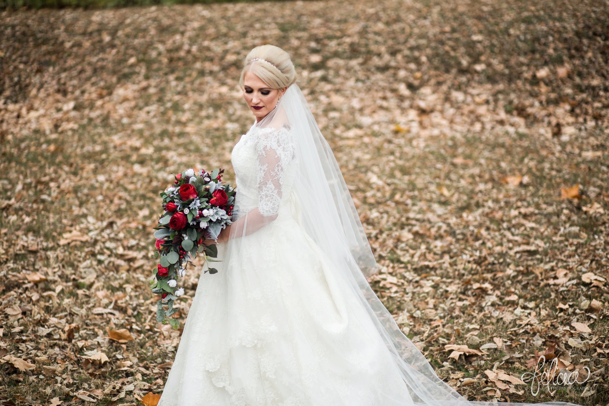 wedding | wedding photography | wedding photos | Kansas City | St. Patrick's Catholic Church | Hawthorne House | images by feliciathephotographer.com | crimson wedding | Christmas Wedding | winter portraits | nature background | bride portrait | dramatic veil | bride solo shot | winter bouquet | dramatic pose | red roses | lace sleeves | lace wedding dress | Paula Varsalona