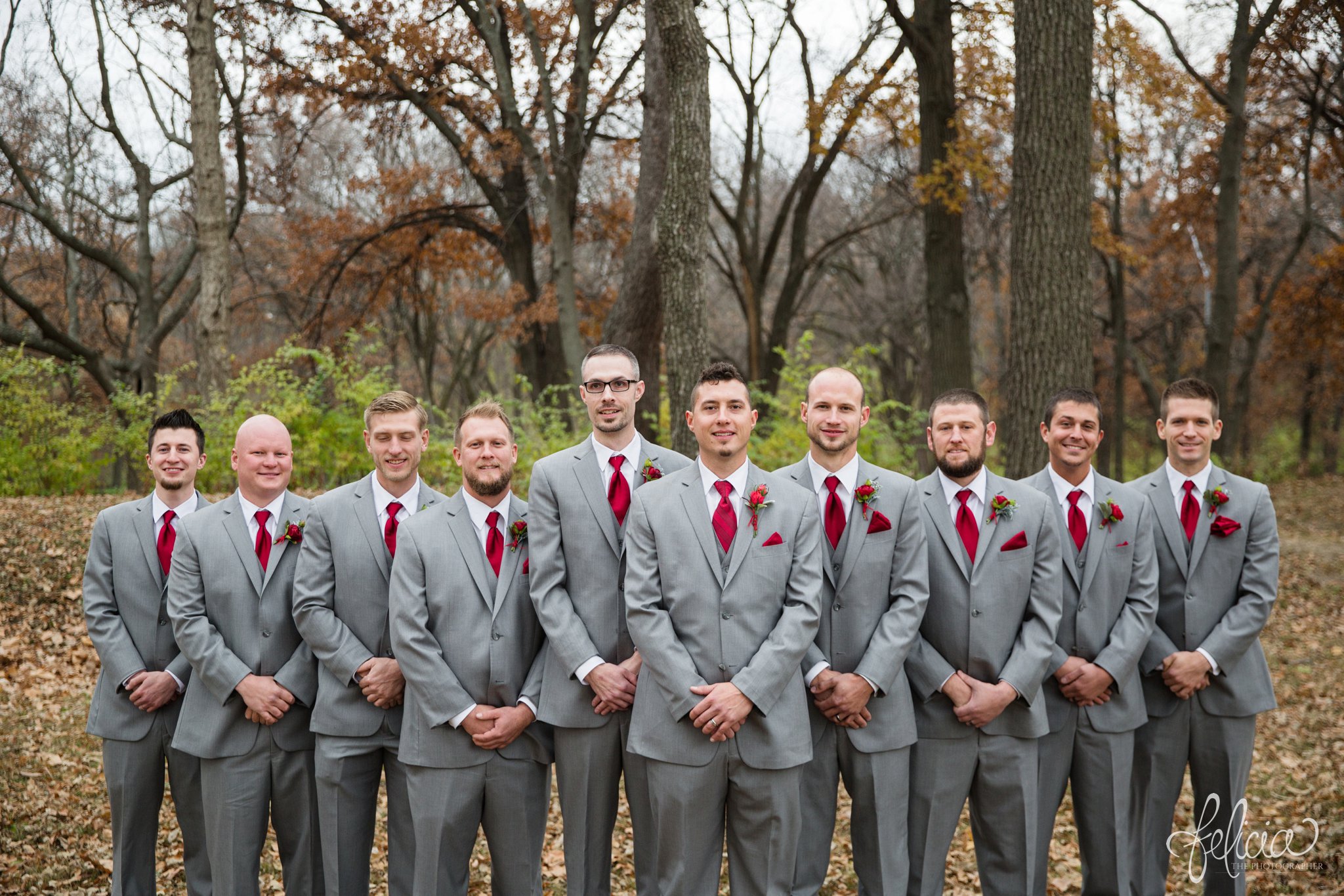 wedding | wedding photography | wedding photos | Kansas City | St. Patrick's Catholic Church | Hawthorne House | images by feliciathephotographer.com | crimson wedding | Christmas Wedding | winter portraits | nature background | groomsmen portrait | crimson boutonniere | crimson tie | grey tux 