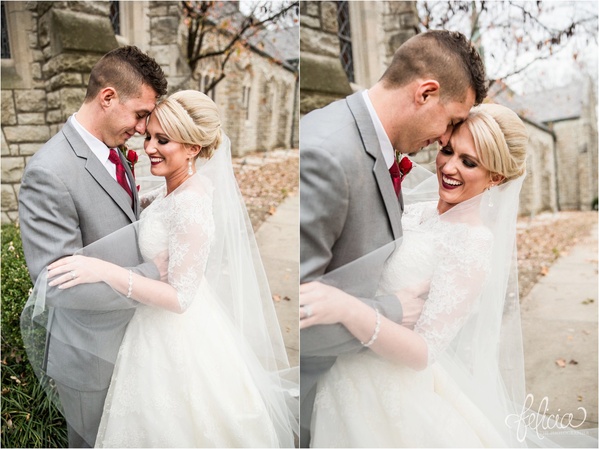 wedding | wedding photography | wedding photos | Kansas City | St. Patrick's Catholic Church | Hawthorne House | images by feliciathephotographer.com | crimson wedding | Christmas Wedding | winter portraits | dramatic veil | lace sleeves | lace wedding dress | Paula Varsalona | bride and groom | church background | stone background | romantic pose | flowing veil | forehead touching | candid | laughing bride 