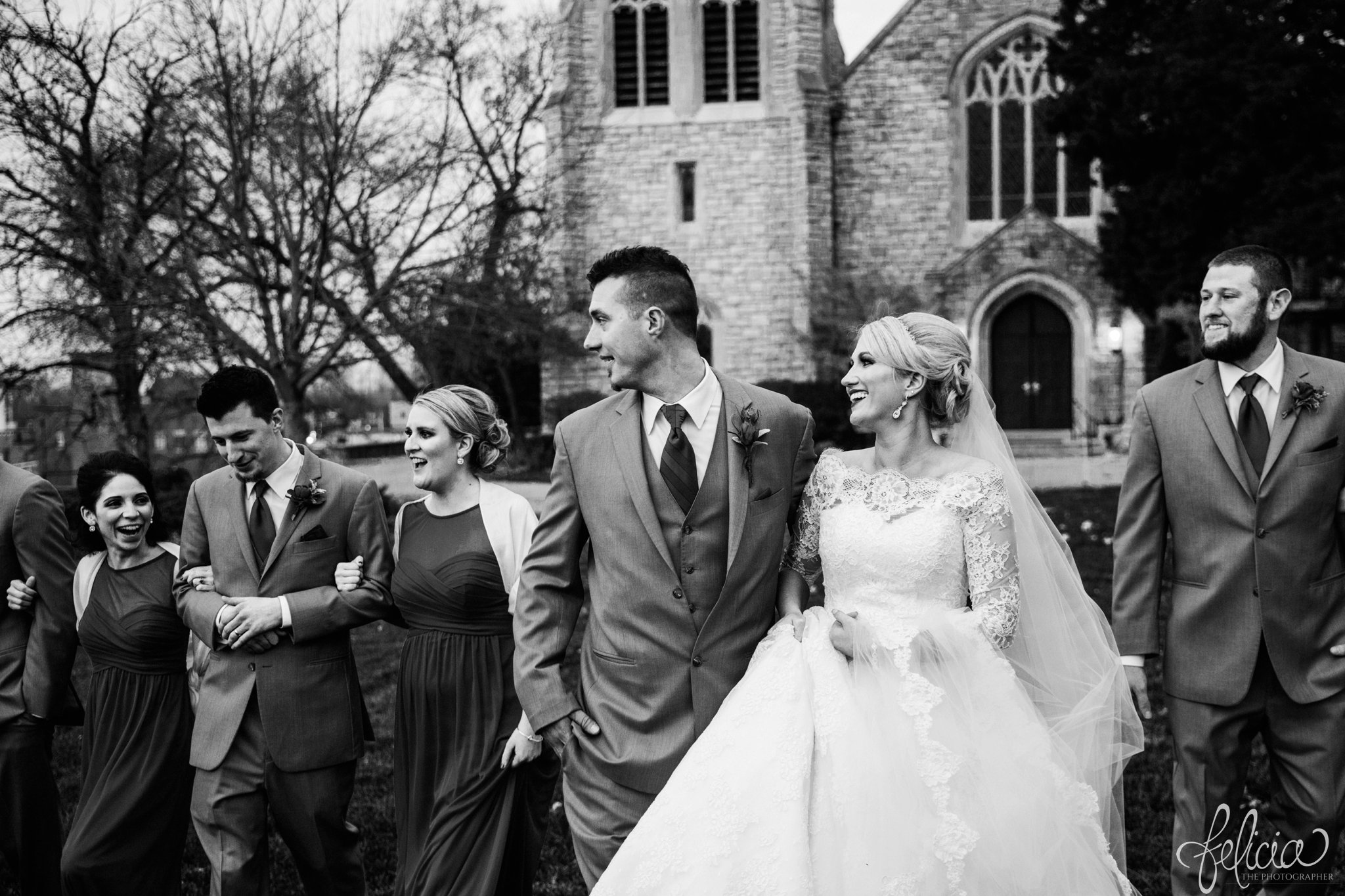 black and white | wedding | wedding photography | wedding photos | Kansas City | St. Patrick's Catholic Church | Hawthorne House | images by feliciathephotographer.com | crimson wedding | Christmas Wedding | winter portraits | church background | bridal party | laughing bride 