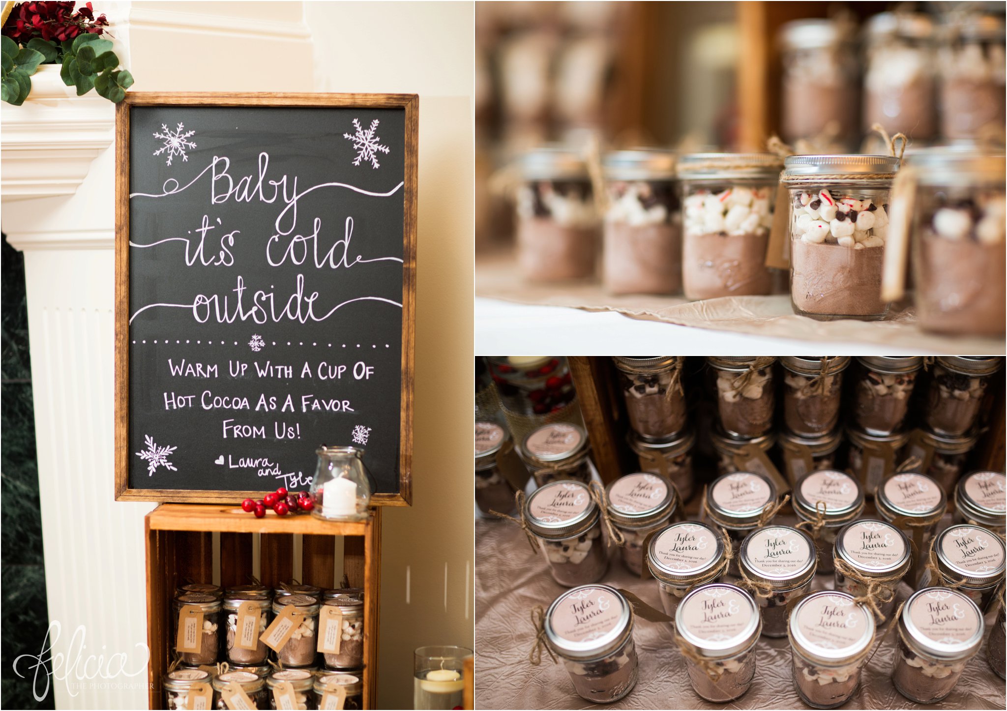 wedding | wedding photography | wedding photos | Kansas City | Hawthorne House | images by feliciathephotographer.com | crimson wedding | Christmas Wedding | red roses | reception decor | party favors | hot chocolate | wedding favor | chalkboard sign