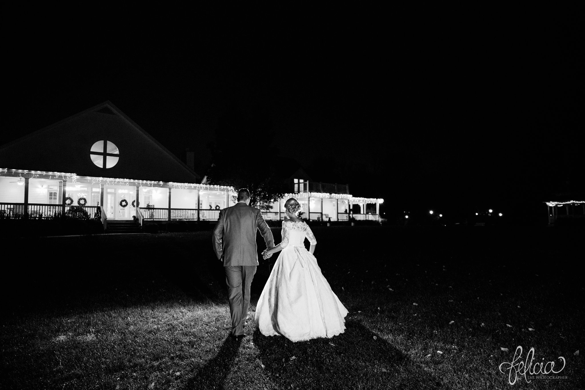 black and white | wedding | wedding photography | wedding photos | Kansas City | Hawthorne House | images by feliciathephotographer.com | crimson wedding | Christmas Wedding | night portrait | bride and groom | embrace | gazebo | romance | moonlit walk | holding hands 