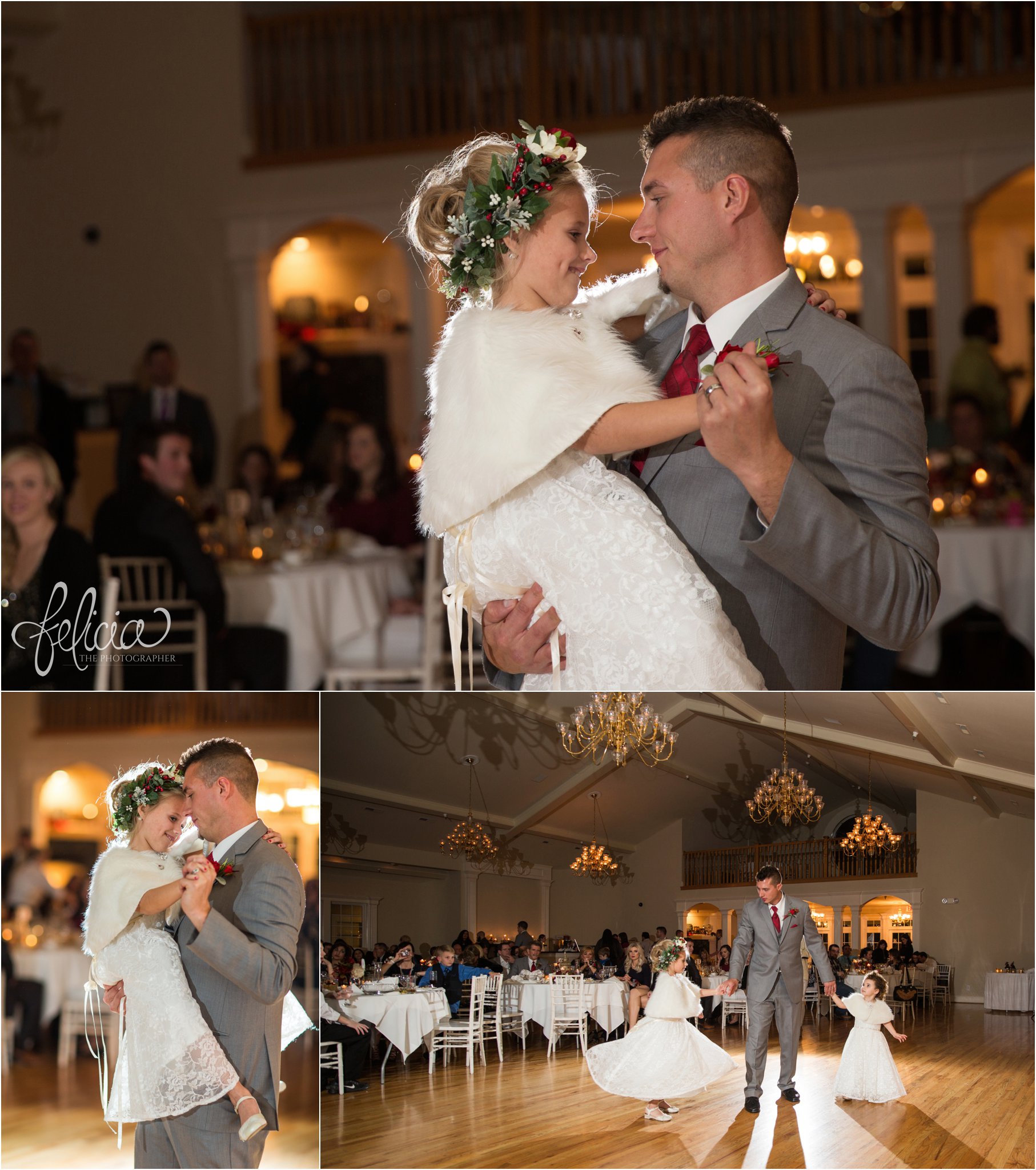 black and white | wedding | wedding photography | wedding photos | Kansas City | Hawthorne House | images by feliciathephotographer.com | crimson wedding | Christmas Wedding | groom and flower girl | dance floor | wedding reception